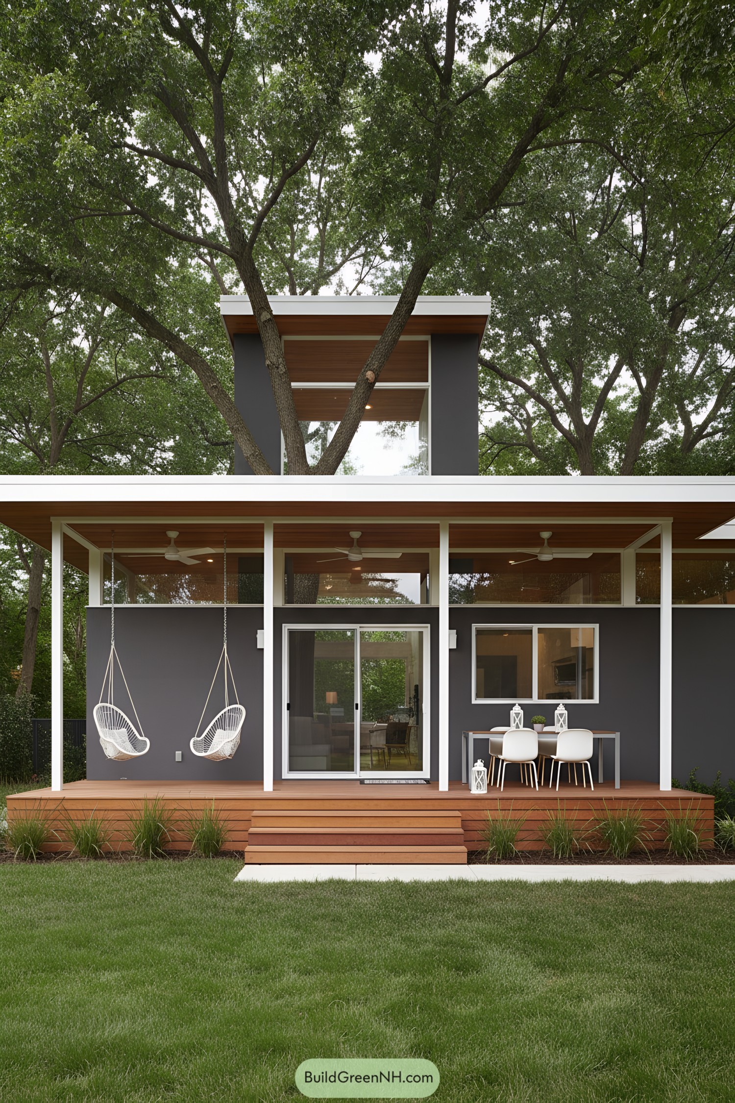 Modern ranch with flat roof canopy and tree-integrated tower
