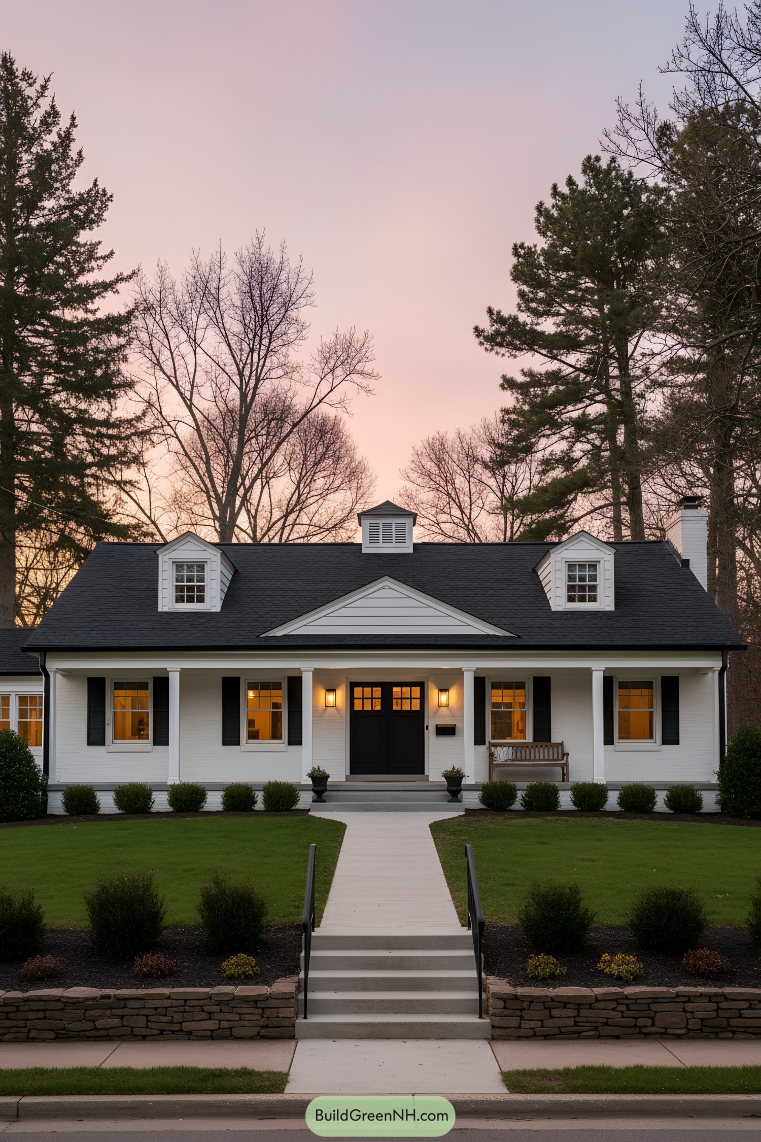 White ranch house with black shutters, dormers, and a welcoming front porch at dusk