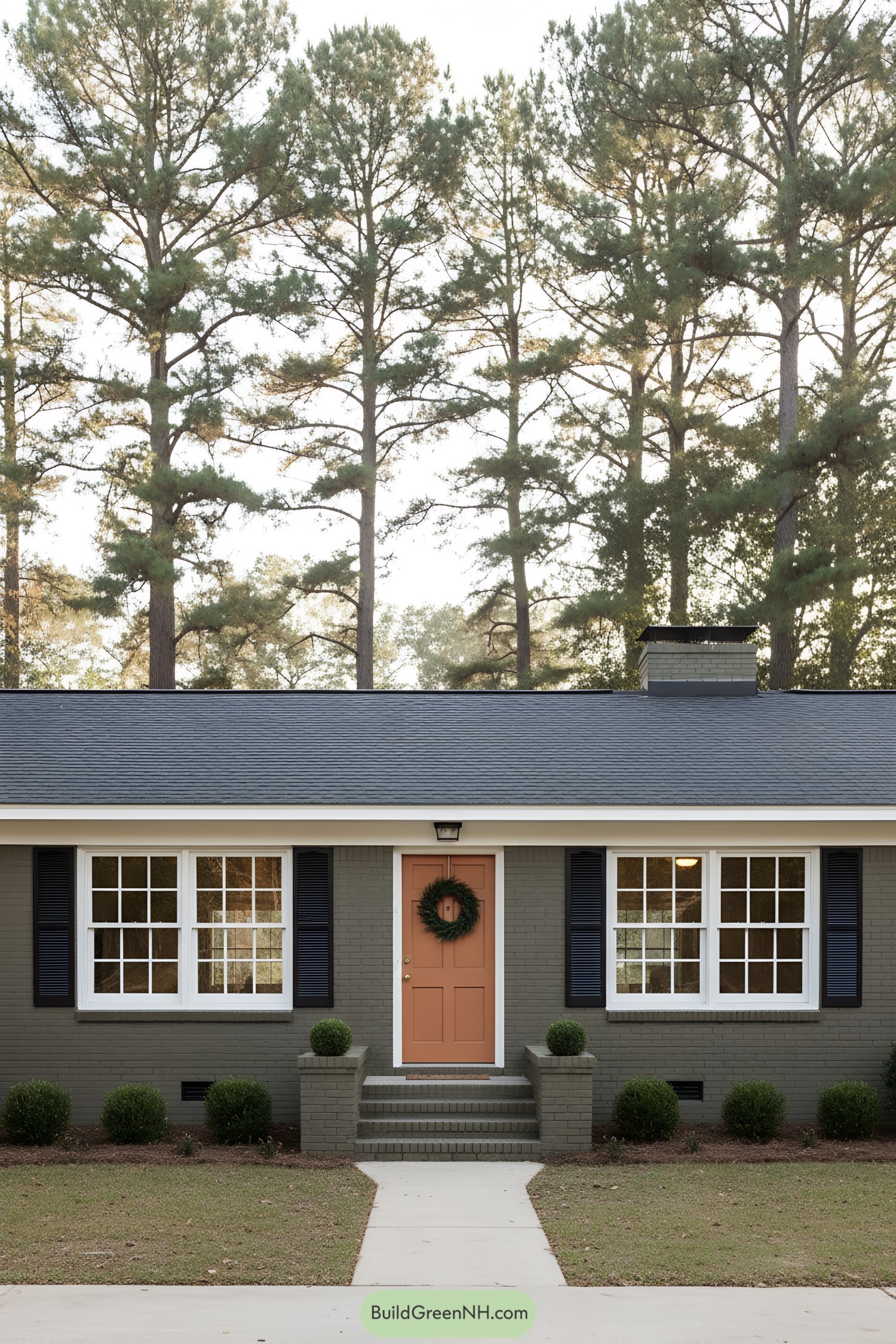 Gray brick ranch with peach front door and navy shutters