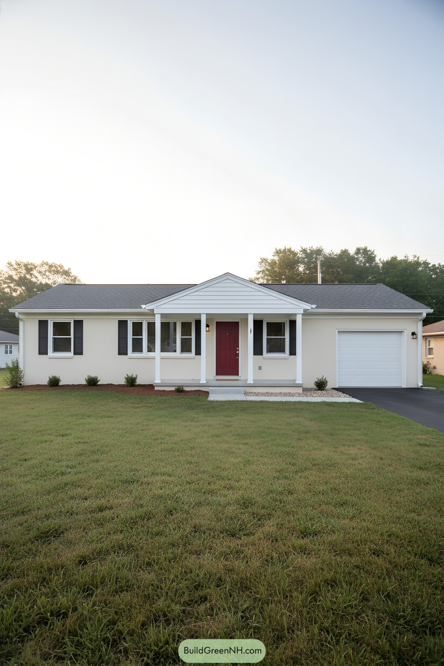 Single-story cream ranch with red door and small front portico