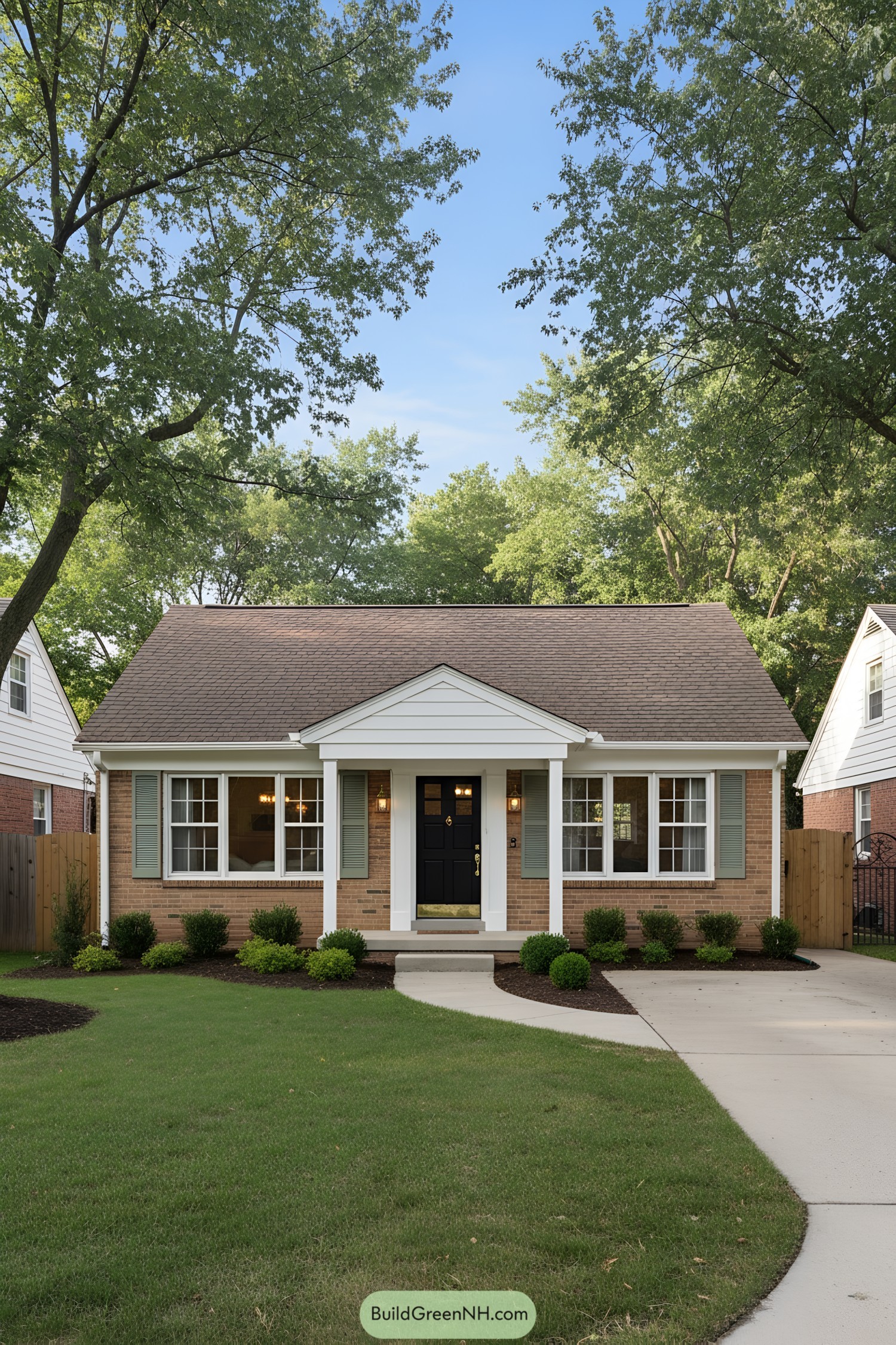 Single-story brick ranch with gabled portico and mint shutters