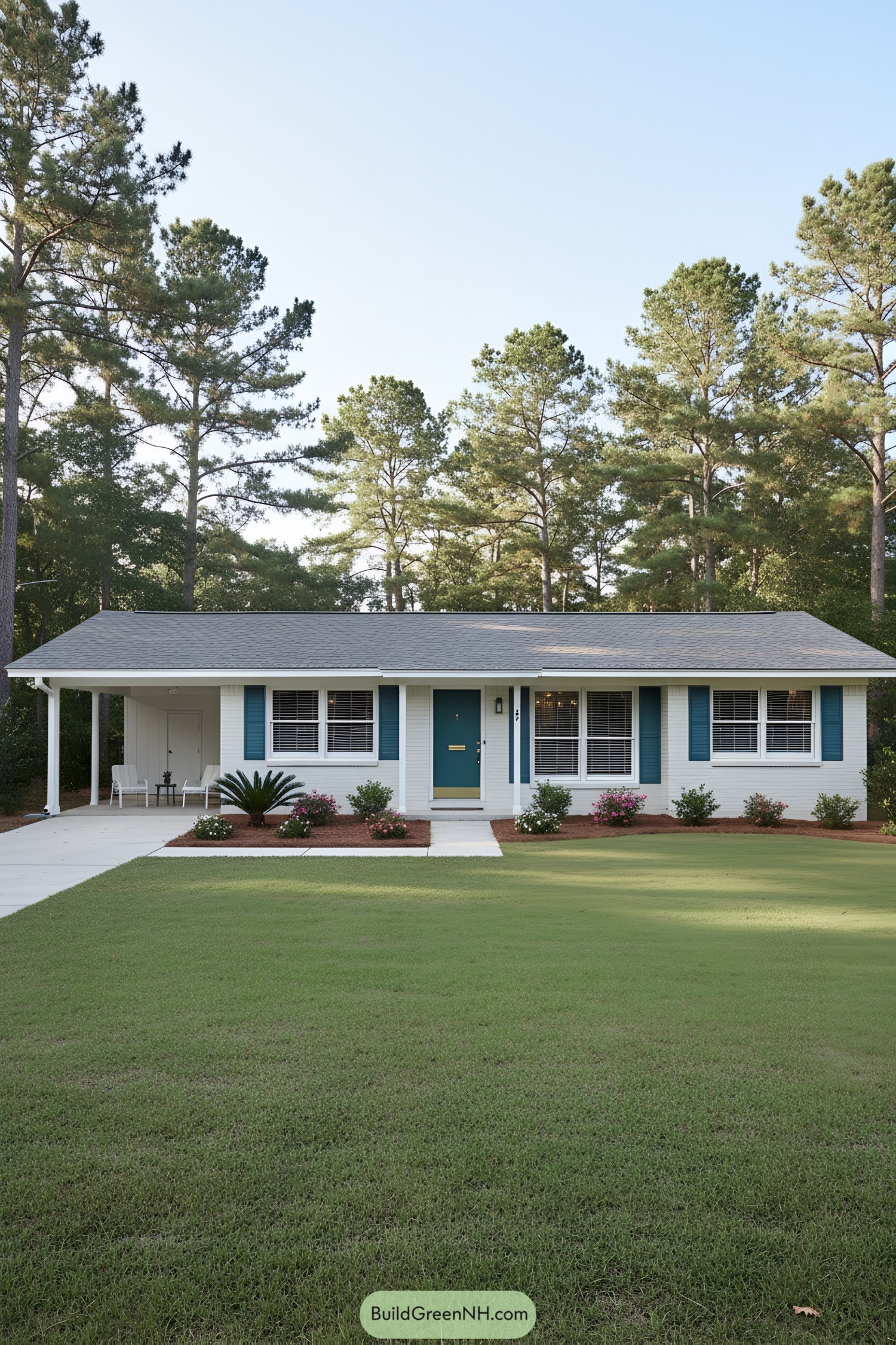 White brick ranch with teal door, blue shutters, and a simple carport on a wide lawn framed by pines