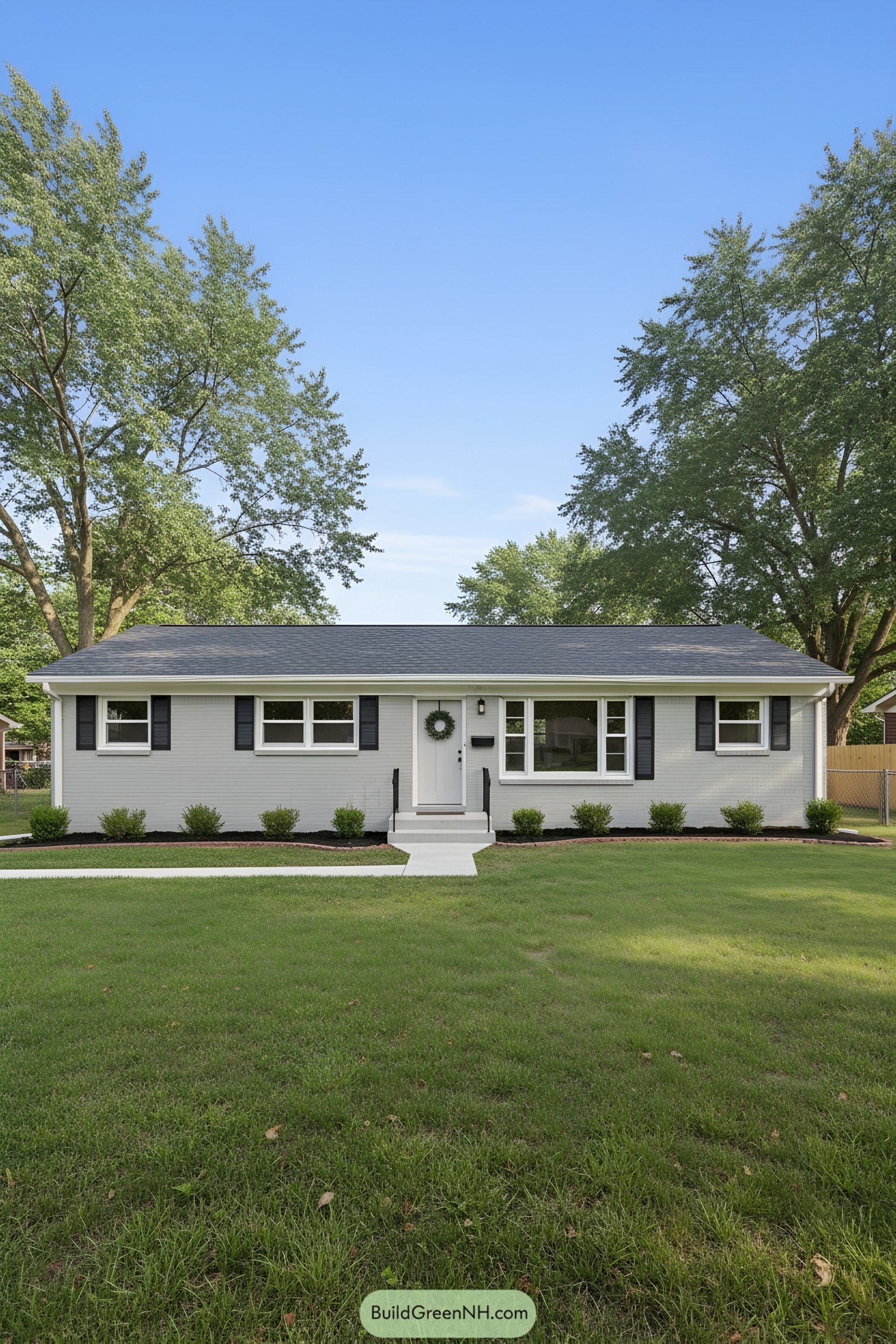 Single-story gray brick ranch with black shutters, white door, and manicured front lawn