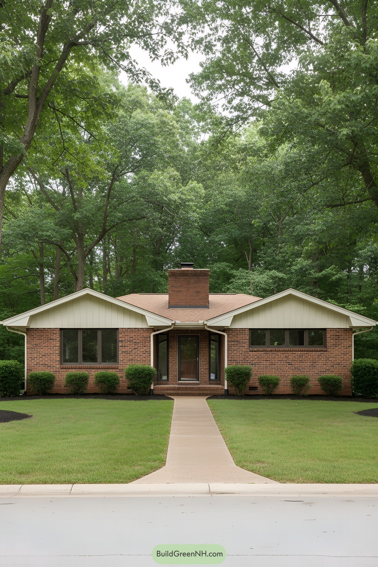 Single-story brick ranch with central chimney