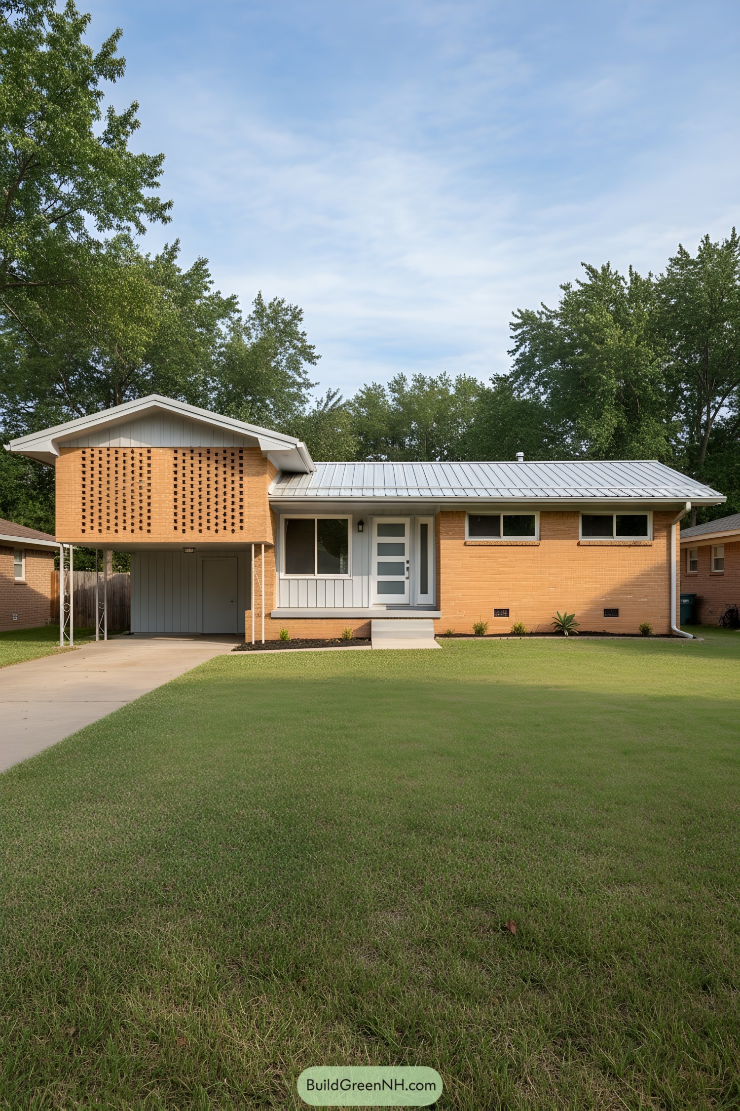 1970s split-level ranch with breeze-block carport and metal roof