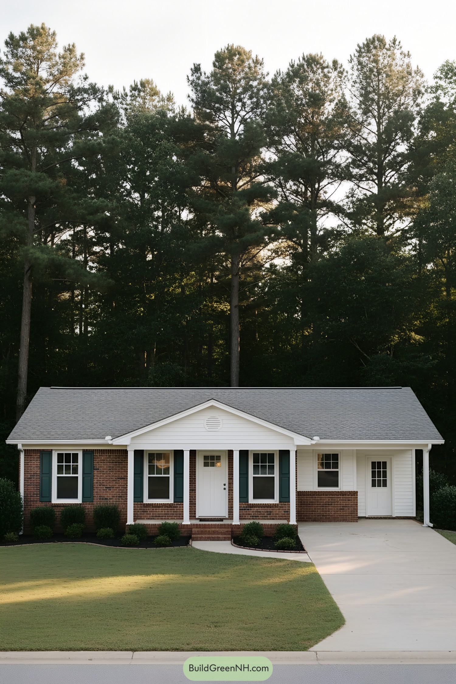 Brick ranch with white portico, green shutters, and attached carport beside a curved driveway