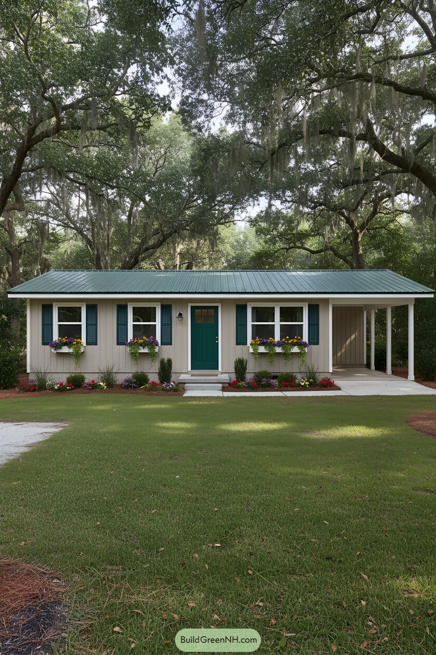 Single-story ranch with teal metal roof, shutters, and side carport framed by flower boxes