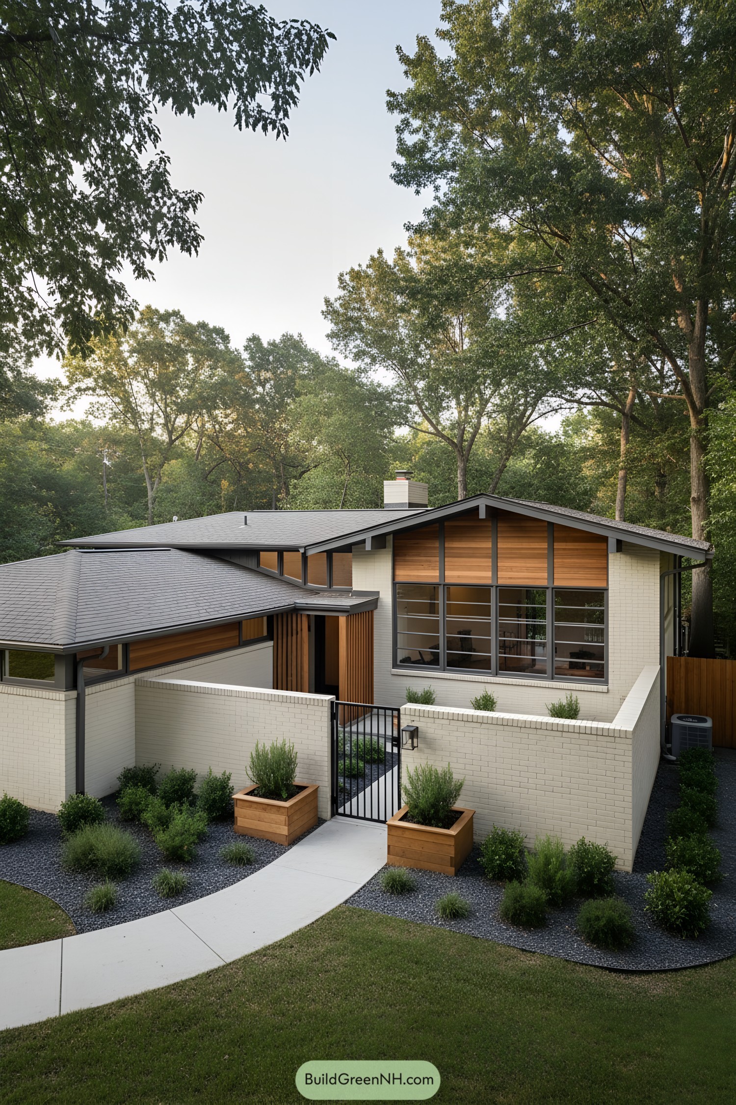 Low-slung ranch with gated courtyard and wood accents