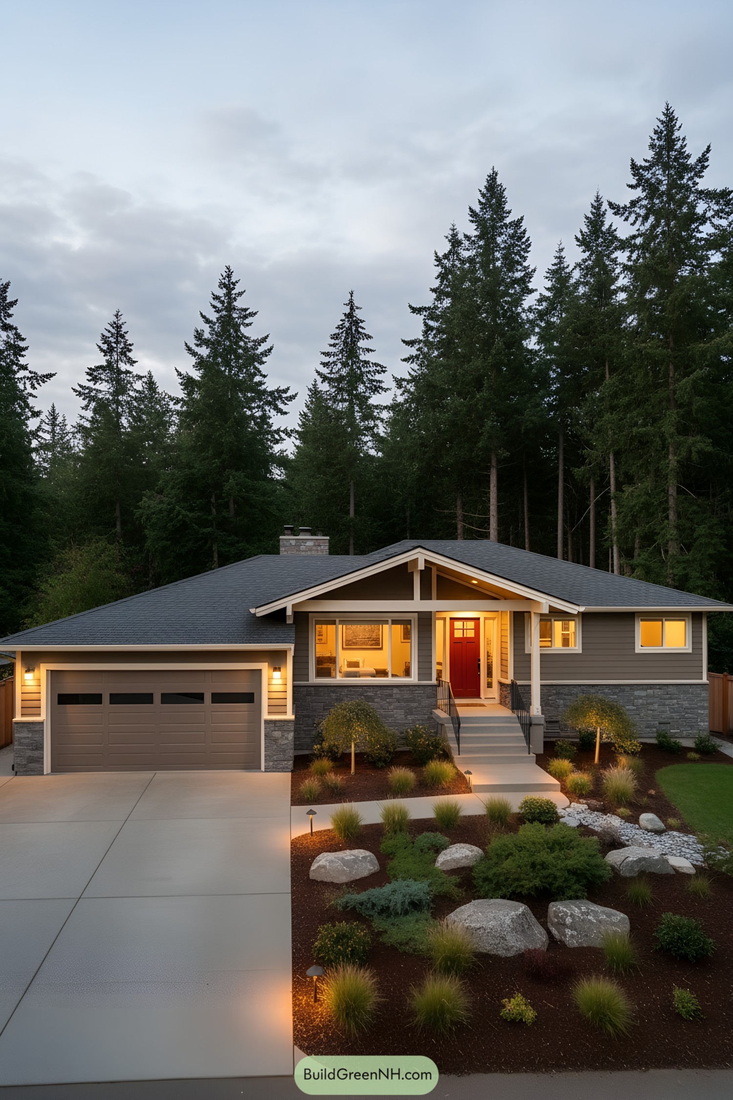 Single-story ranch with stone base, covered porch, red front door, and warm exterior lighting set against tall evergreens