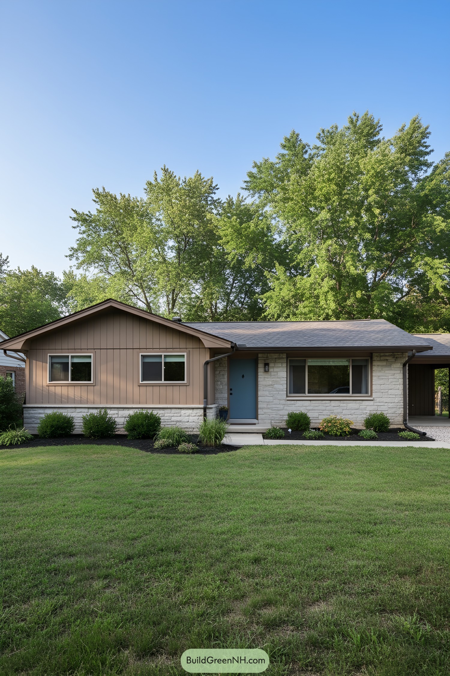 Single-story ranch with stone facade, tan board-and-batten siding, blue door, and attached carport