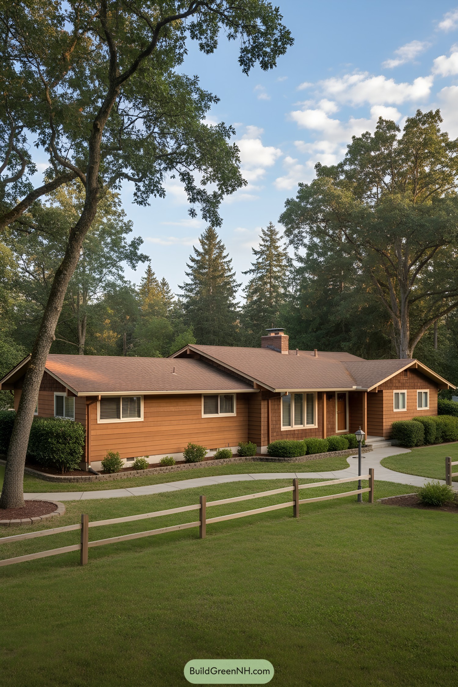 Warm cedar-clad ranch with low gables and curved walkway