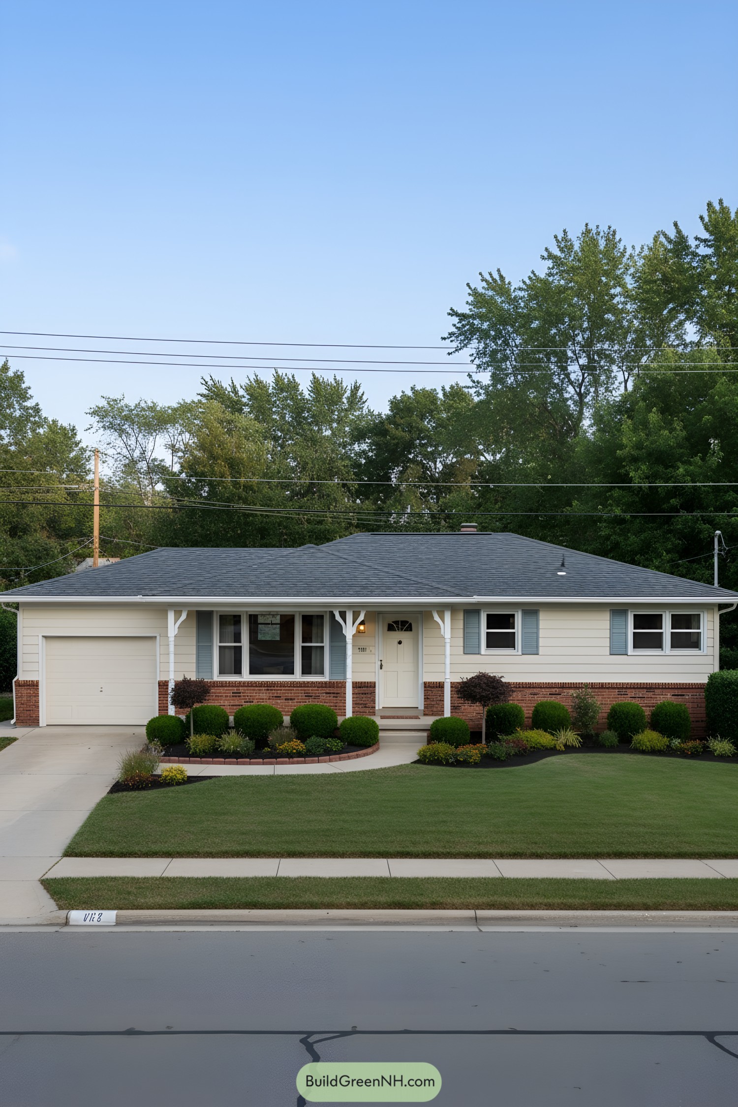 Single-story ranch with low eaves, brick wainscot, pale siding, and a tidy front porch with white columns. Manicured shrubs, curved walkway, and attached single-car garage