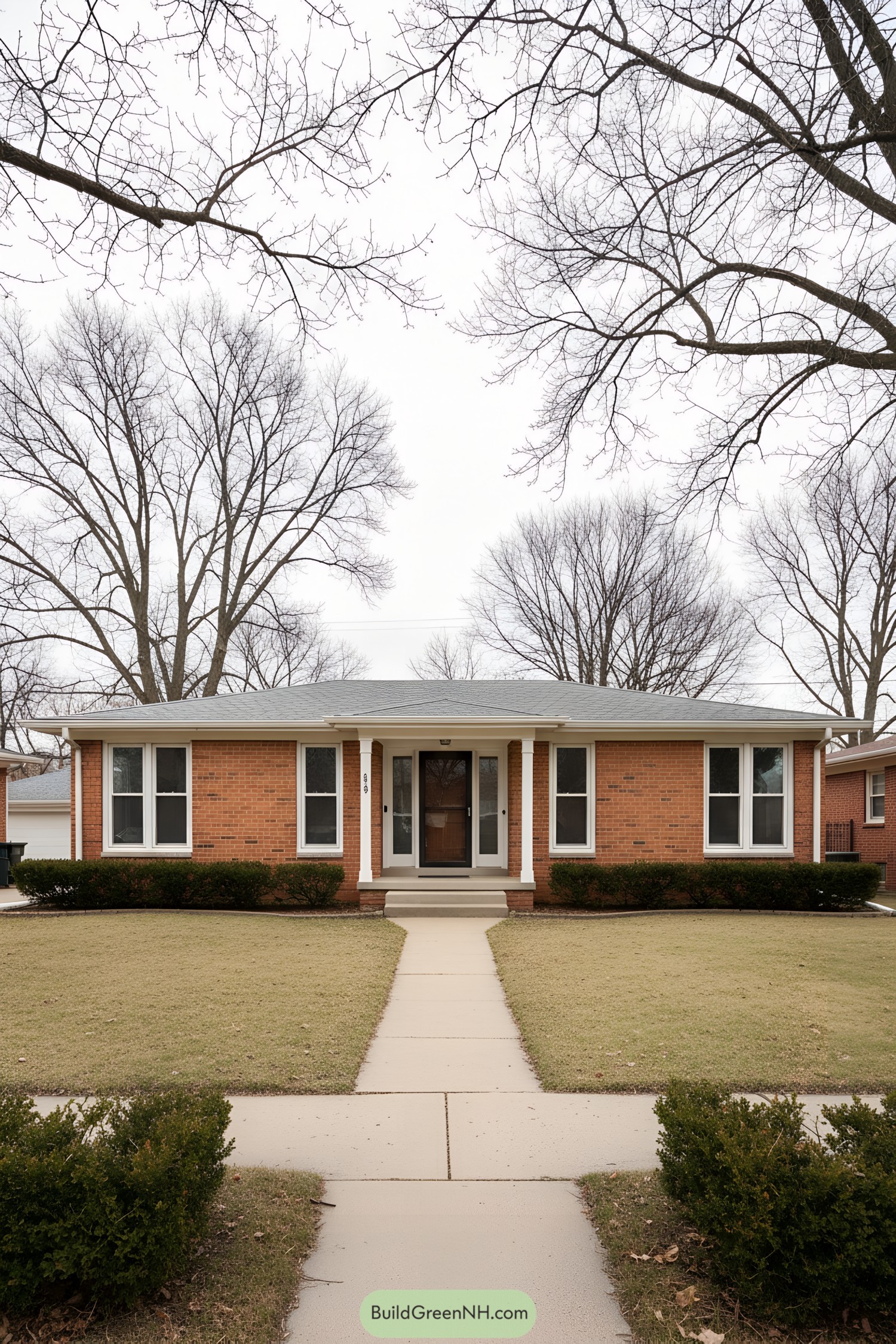 Single-story brick ranch with small front portico and symmetrical windows