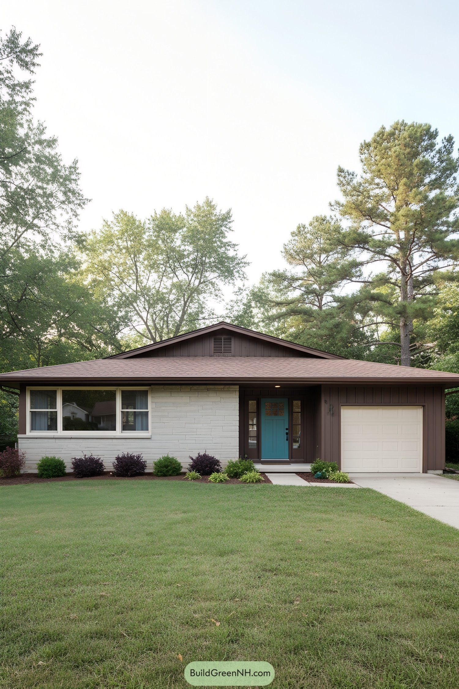 Single-story ranch with broad eaves, mixed siding, and teal front door beside an attached garage
