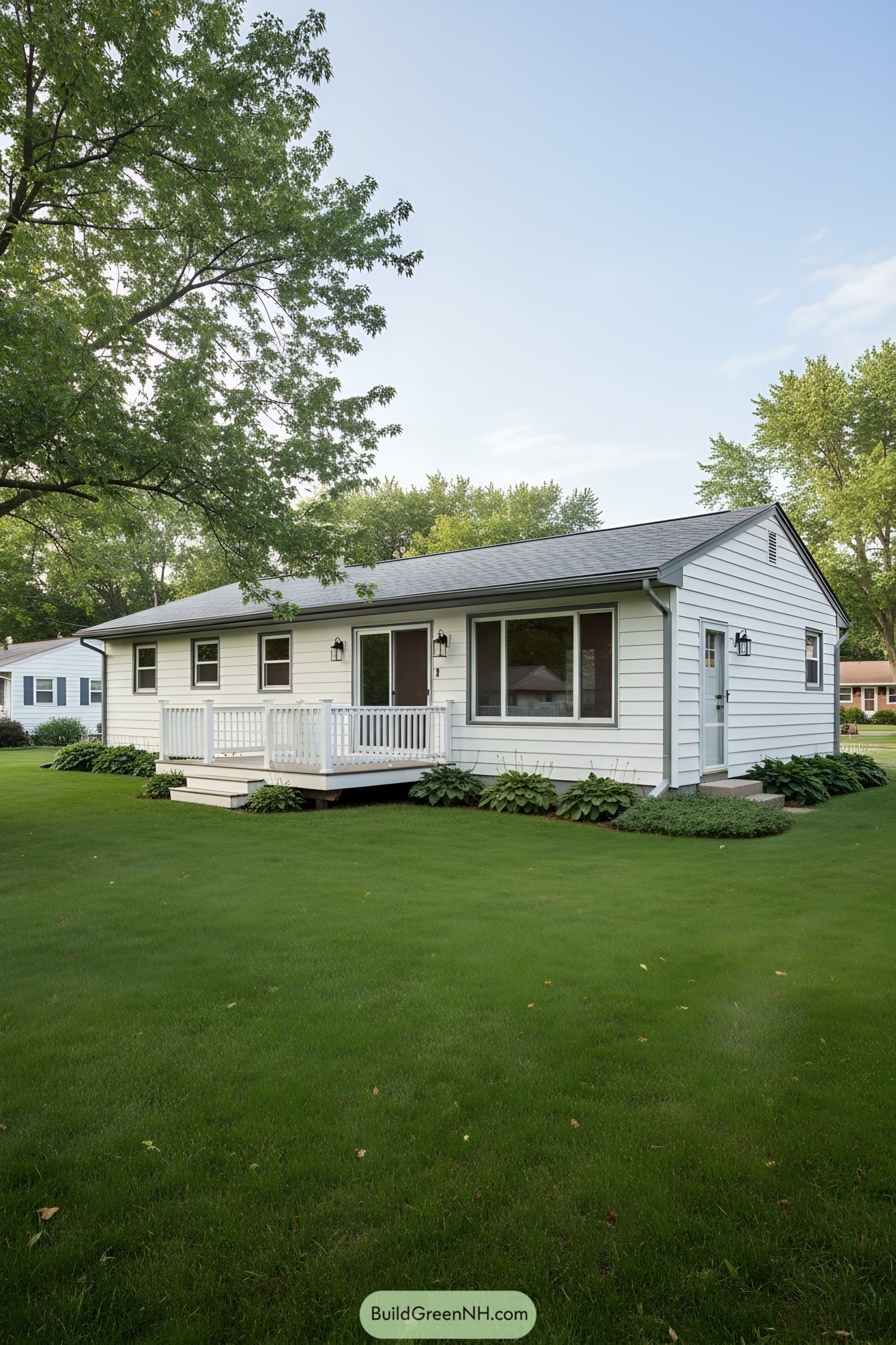 White clapboard ranch with small front porch and wide lawn