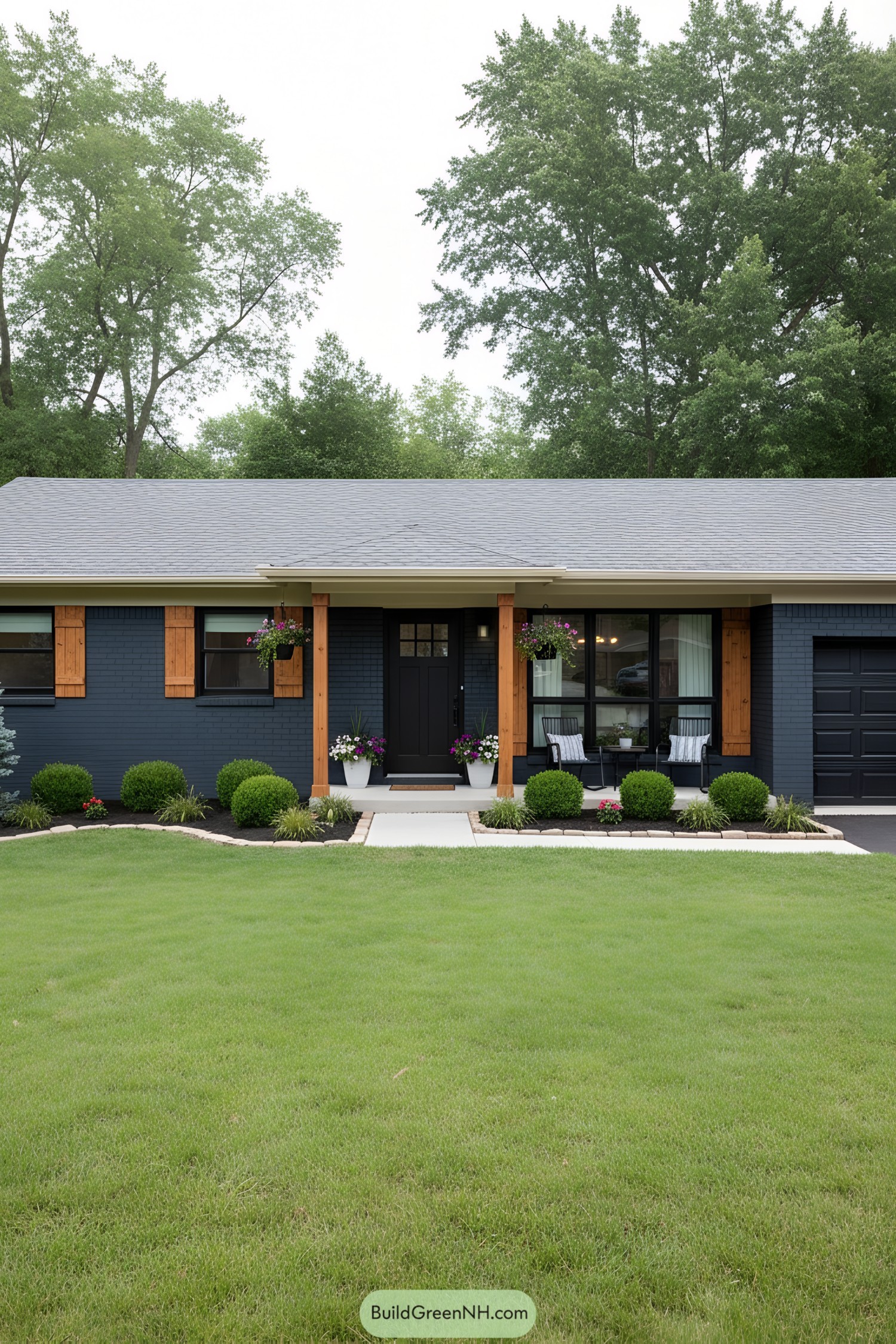 Dark brick ranch with wood accents and tidy front porch