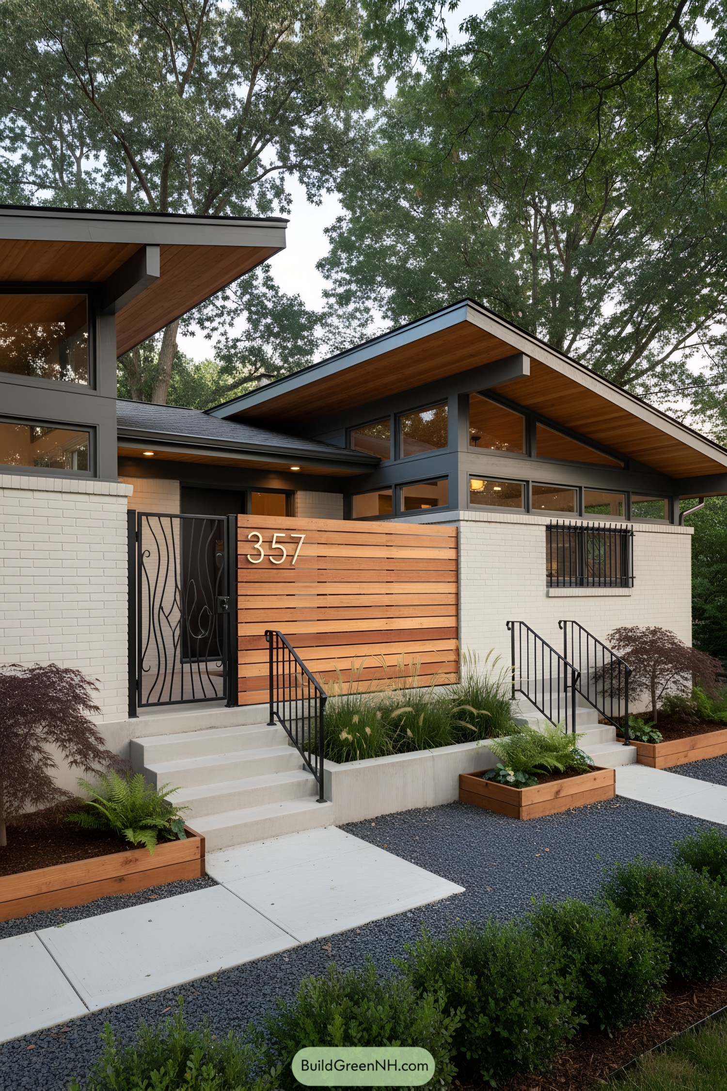 Midcentury ranch with cedar screen, clerestory windows, and winged eaves