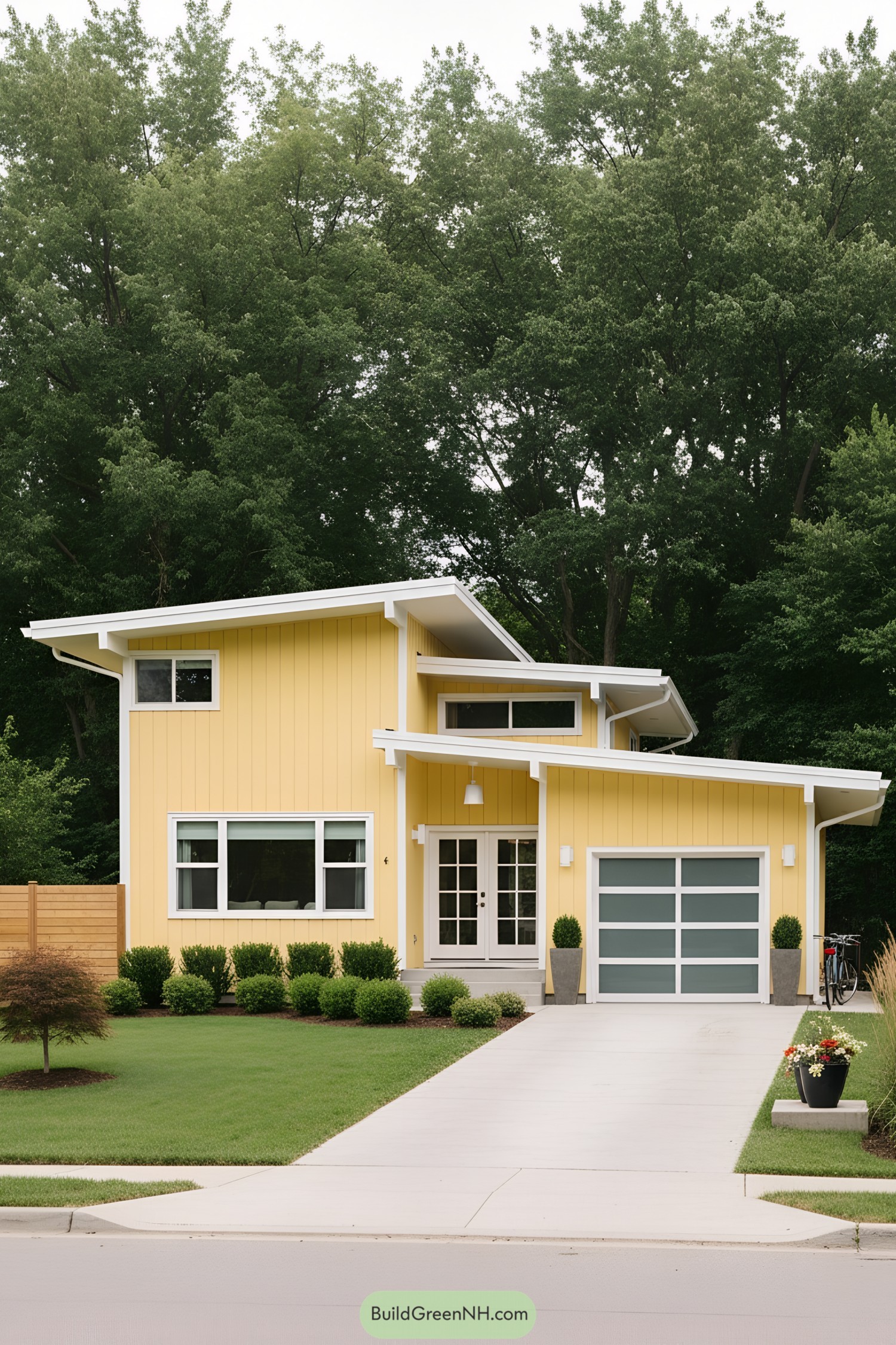 Yellow modern ranch with staggered shed roofs and a glass-panel garage door