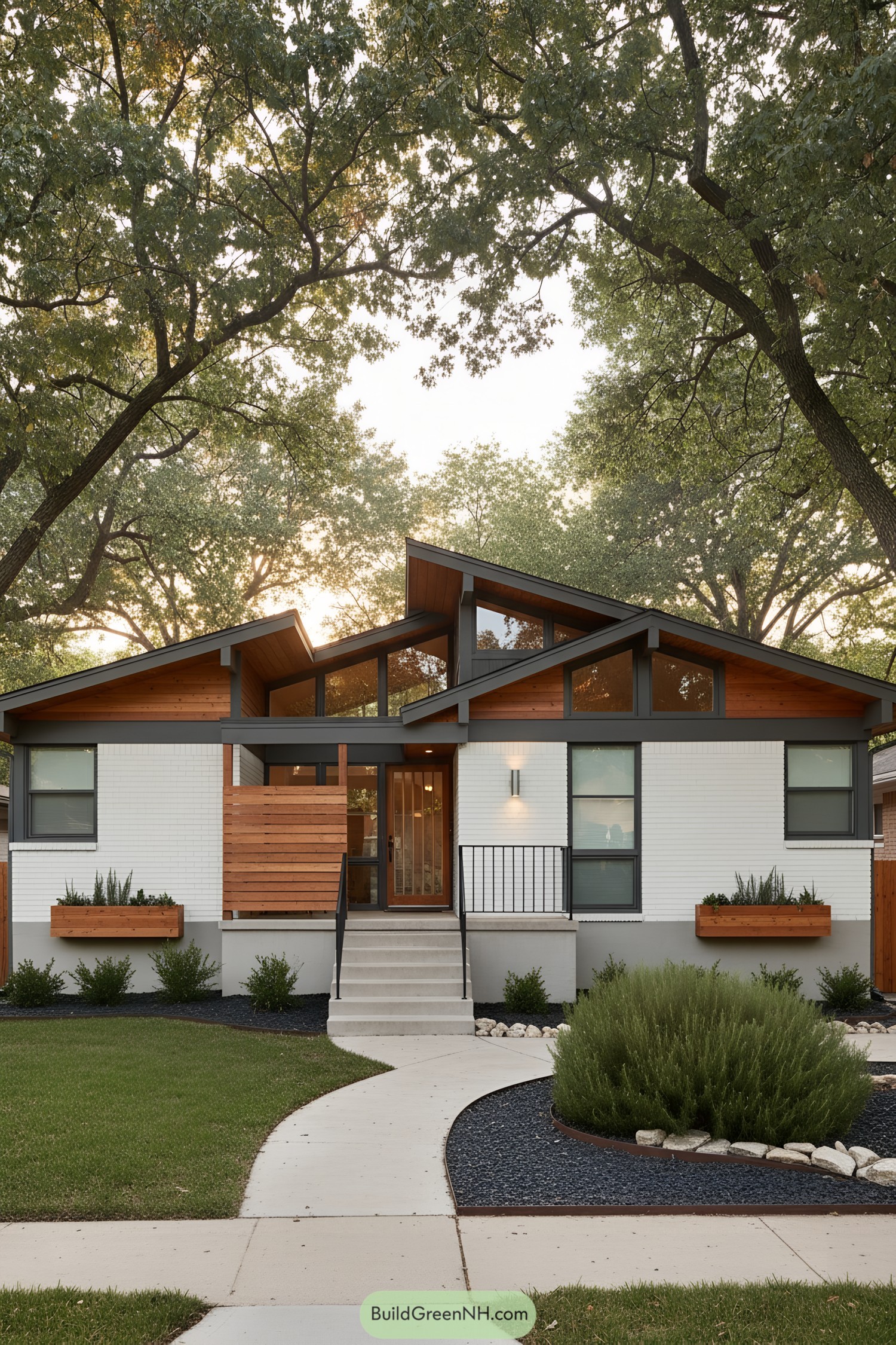 Midcentury ranch with split gables and cedar accents