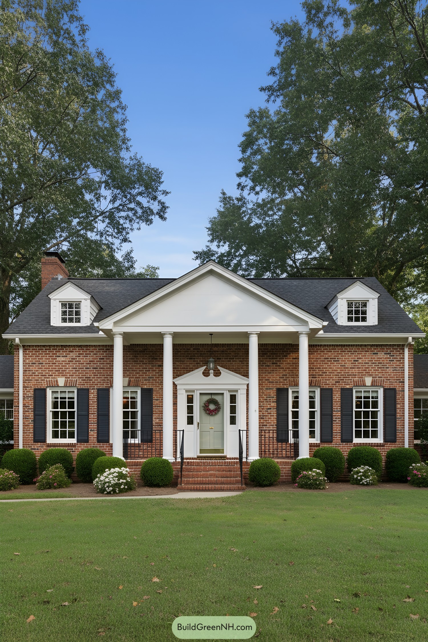 Brick ranch with tall white portico columns and black shutters flanking a central entry