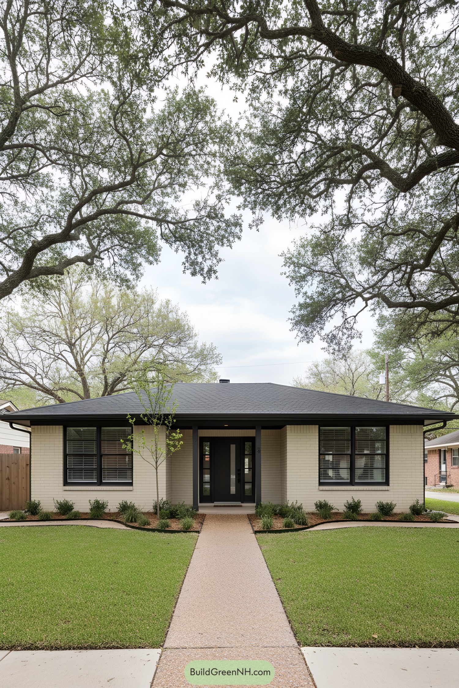 Single-story brick ranch with dark trim and hipped roof