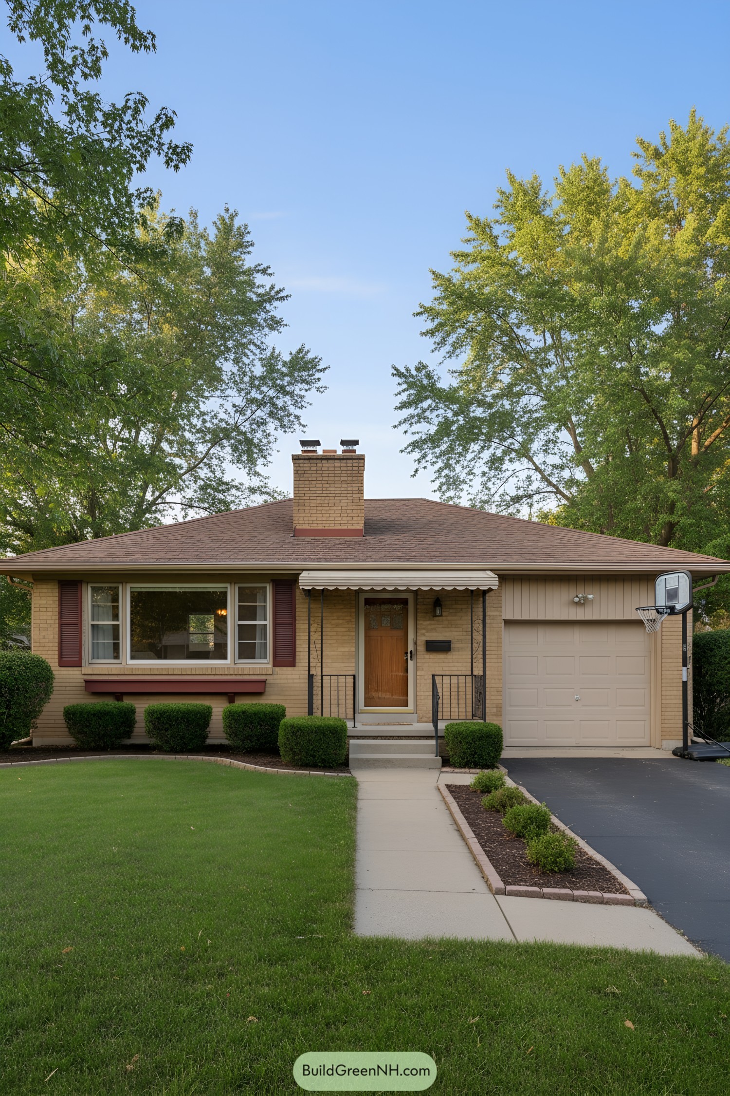 Single-story brick ranch with porch and garage