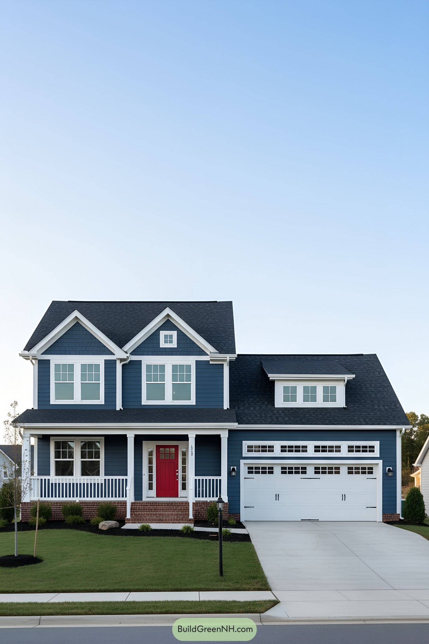 Two-story blue suburban house with white trim and red front door
