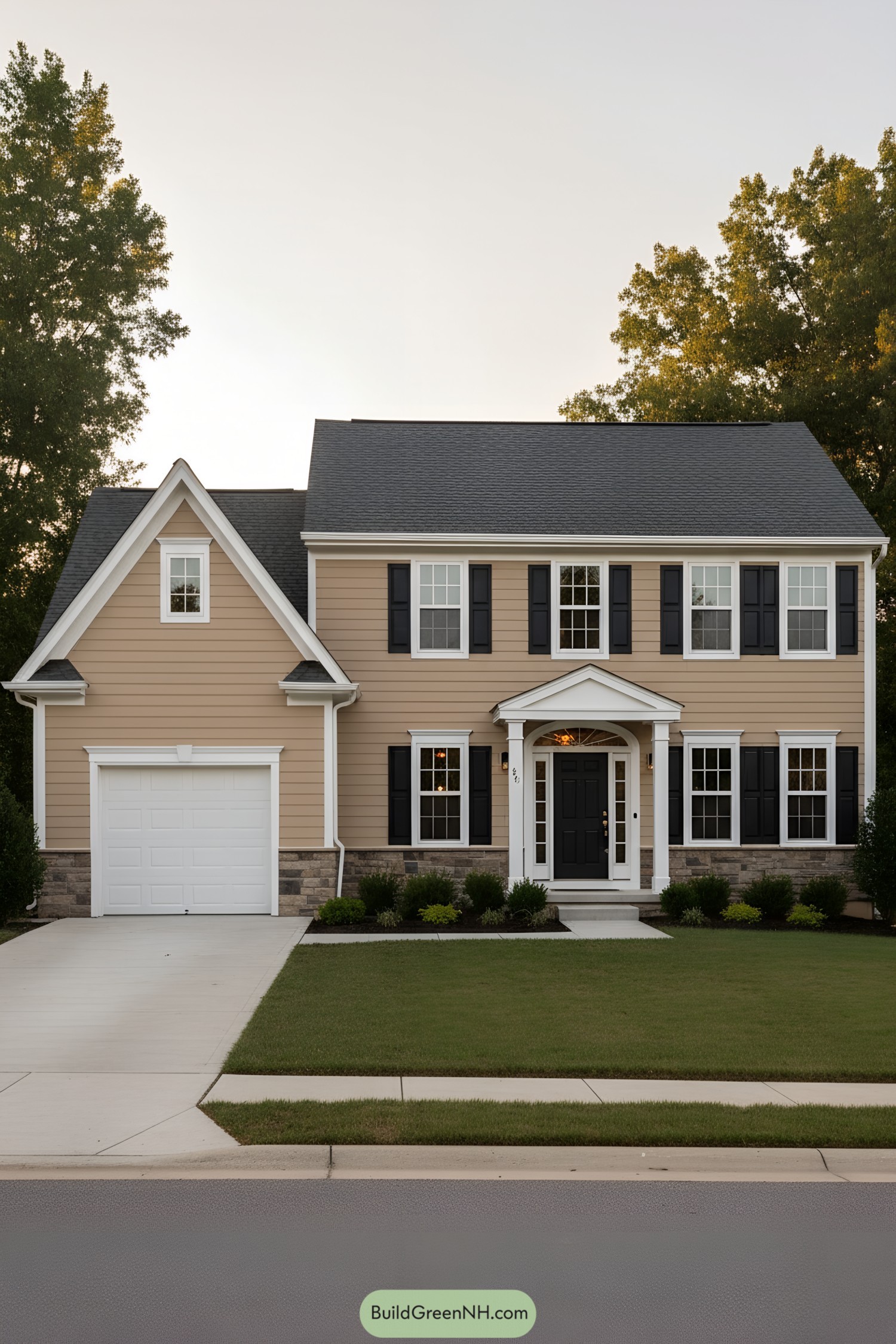 Two-story tan house with black shutters and side gable garage