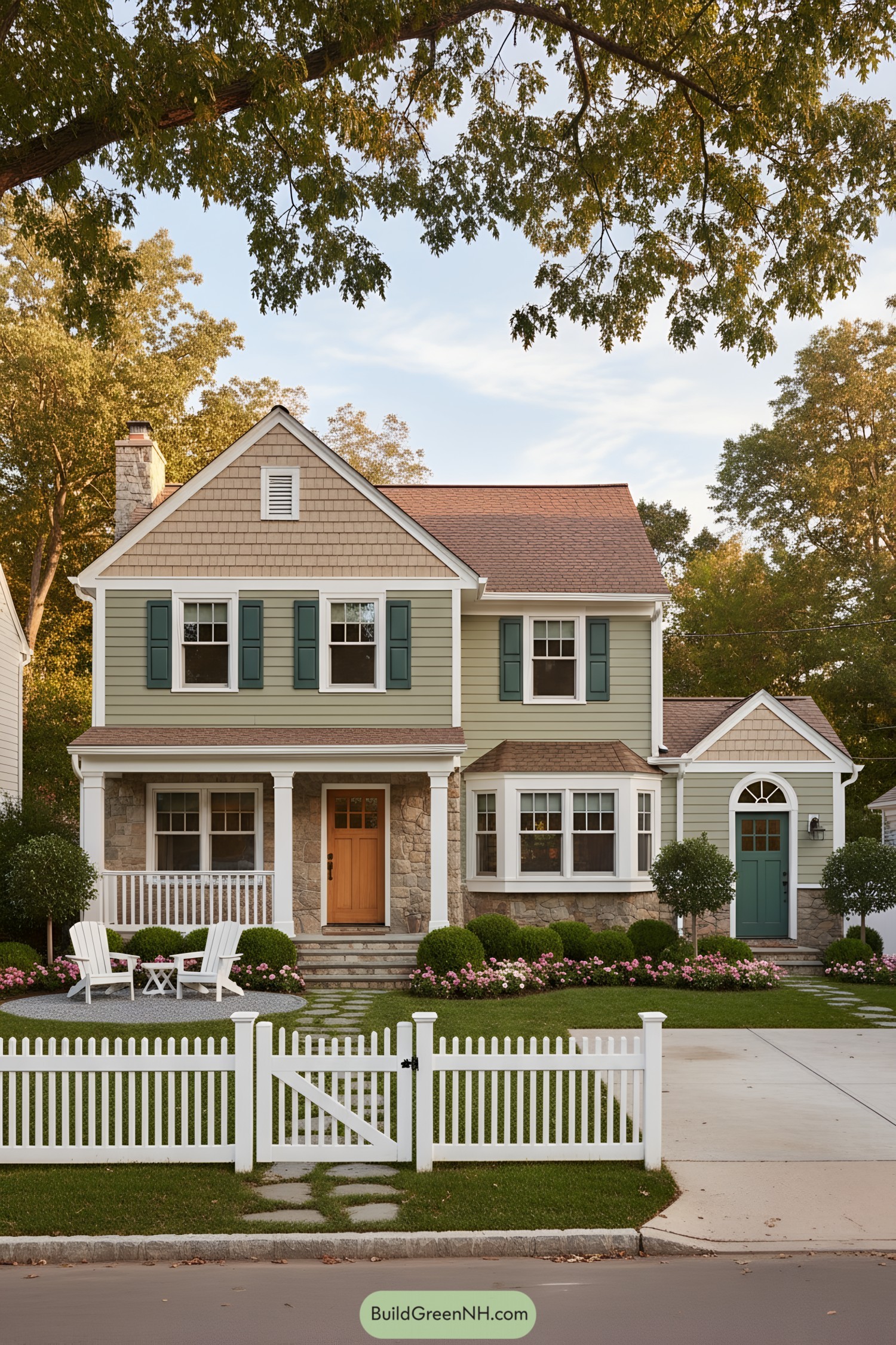 Two-story suburban house with green siding, stone base, and arched side entry