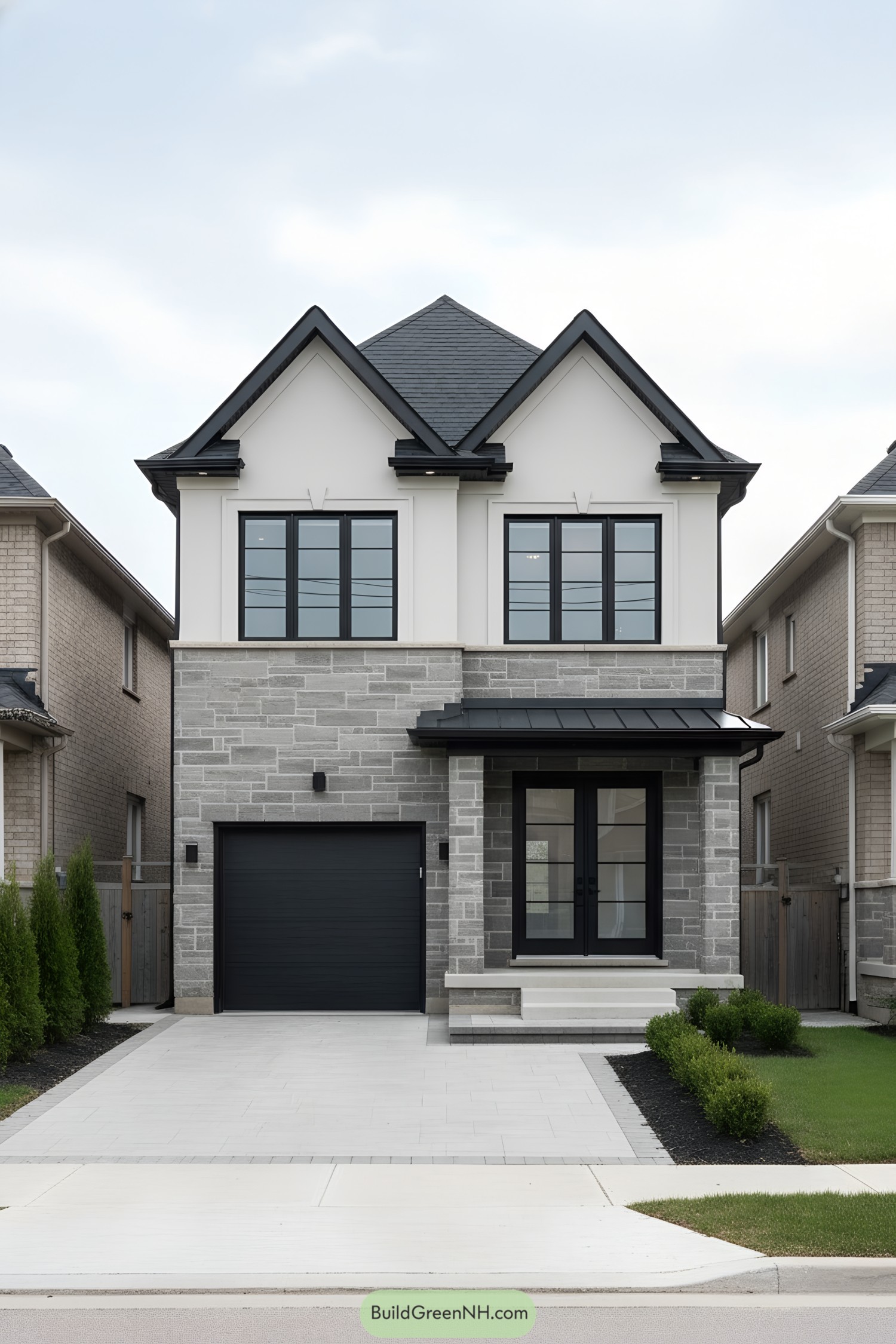 Two-story stone-and-stucco home with twin front gables and black-framed windows