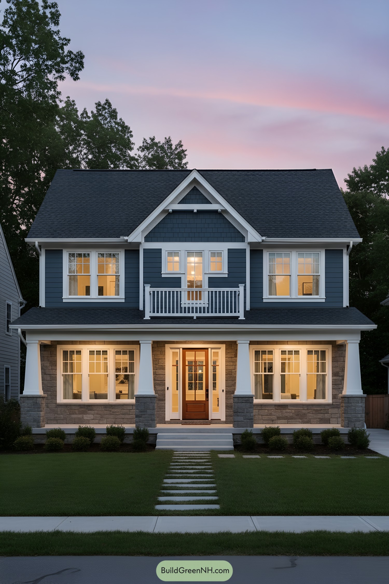 Two-story blue house with white trim, balcony, and stone-based porch glowing at dusk