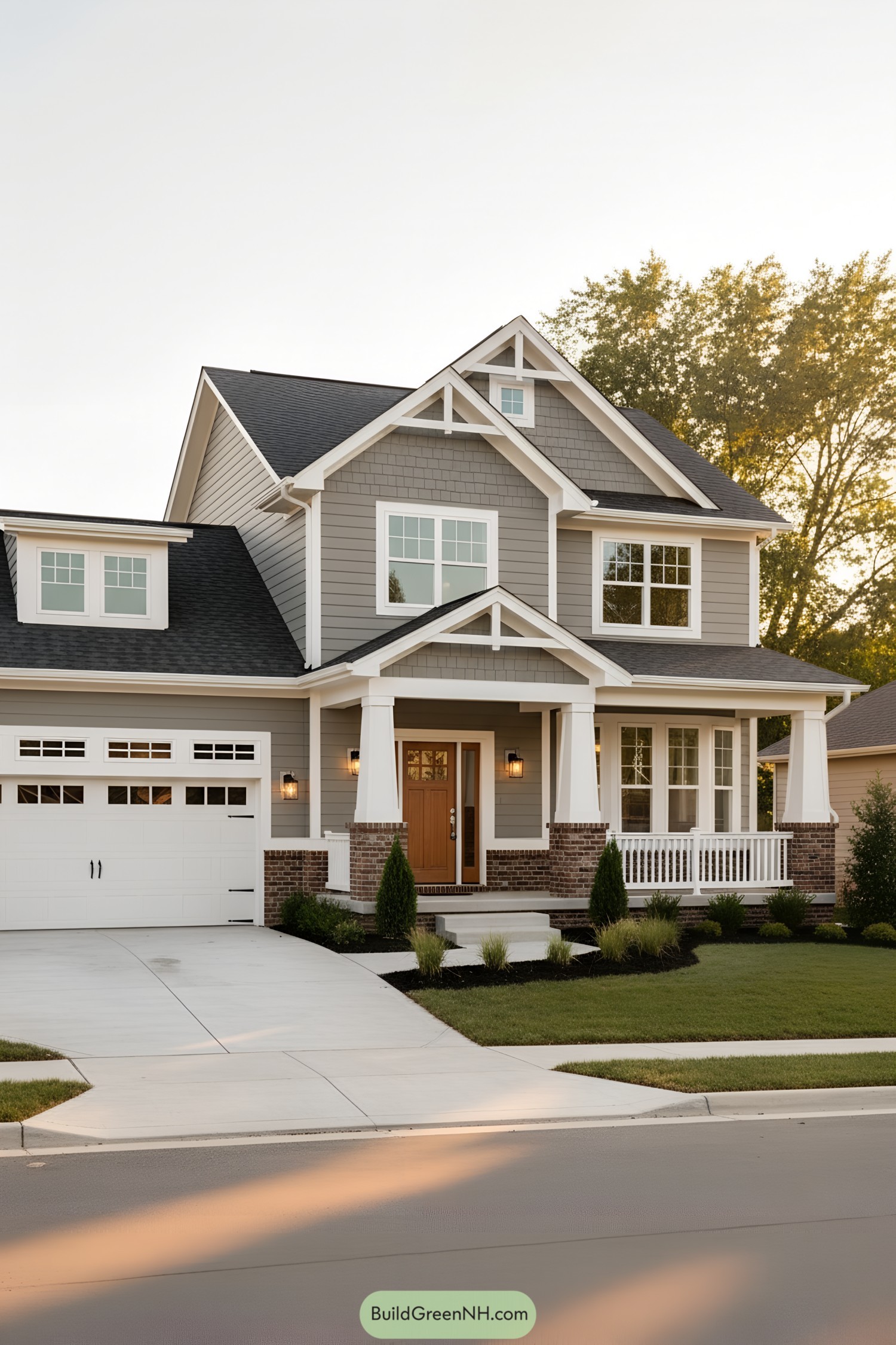 Two-story suburban house with gray siding, white trim, and front porch. Attached two-car garage and manicured lawn