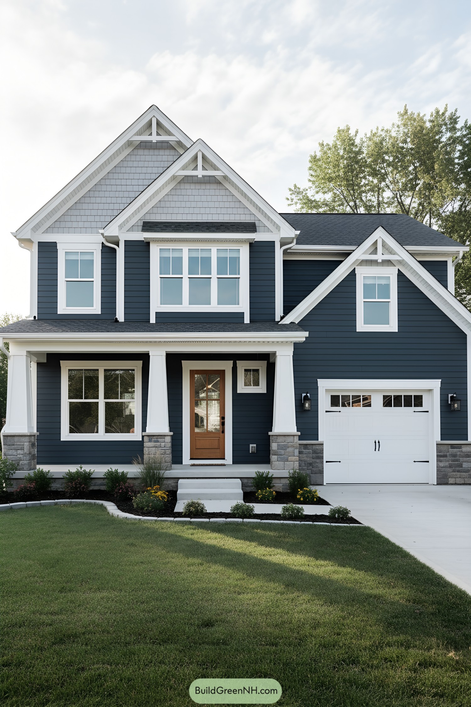 Two-story navy house with white trim and wood door