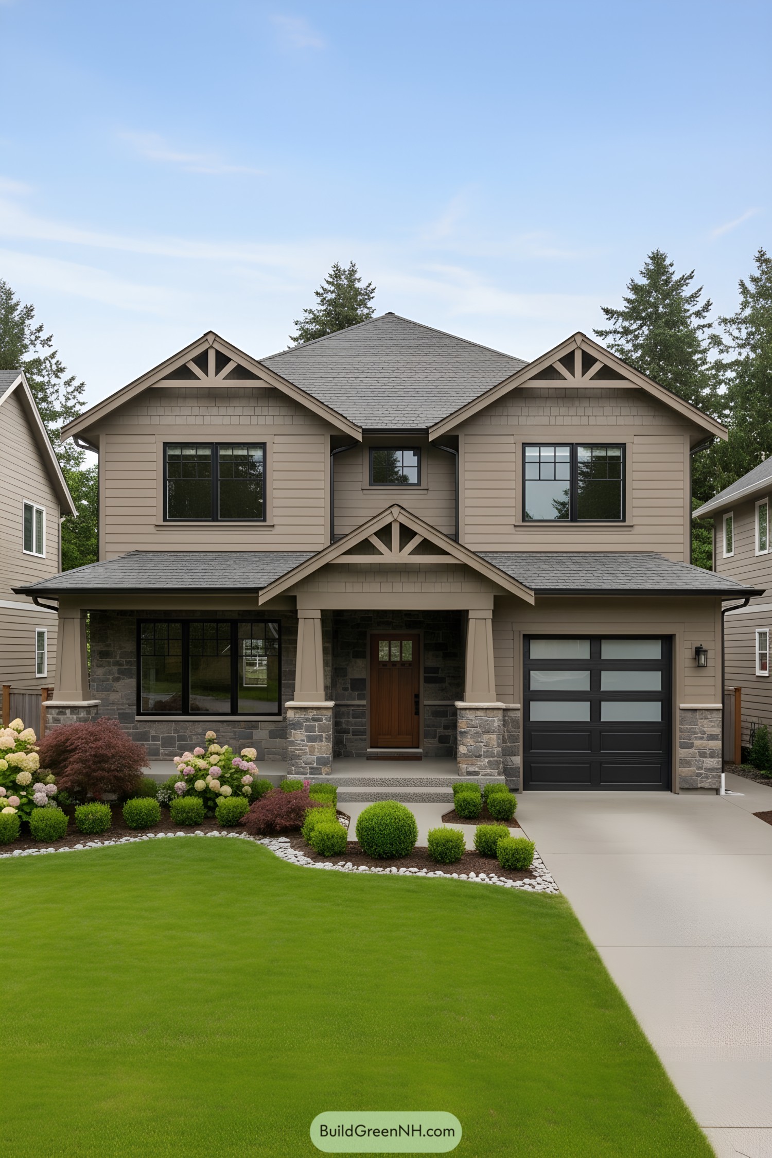 Two-story taupe house with stone porch and modern garage door