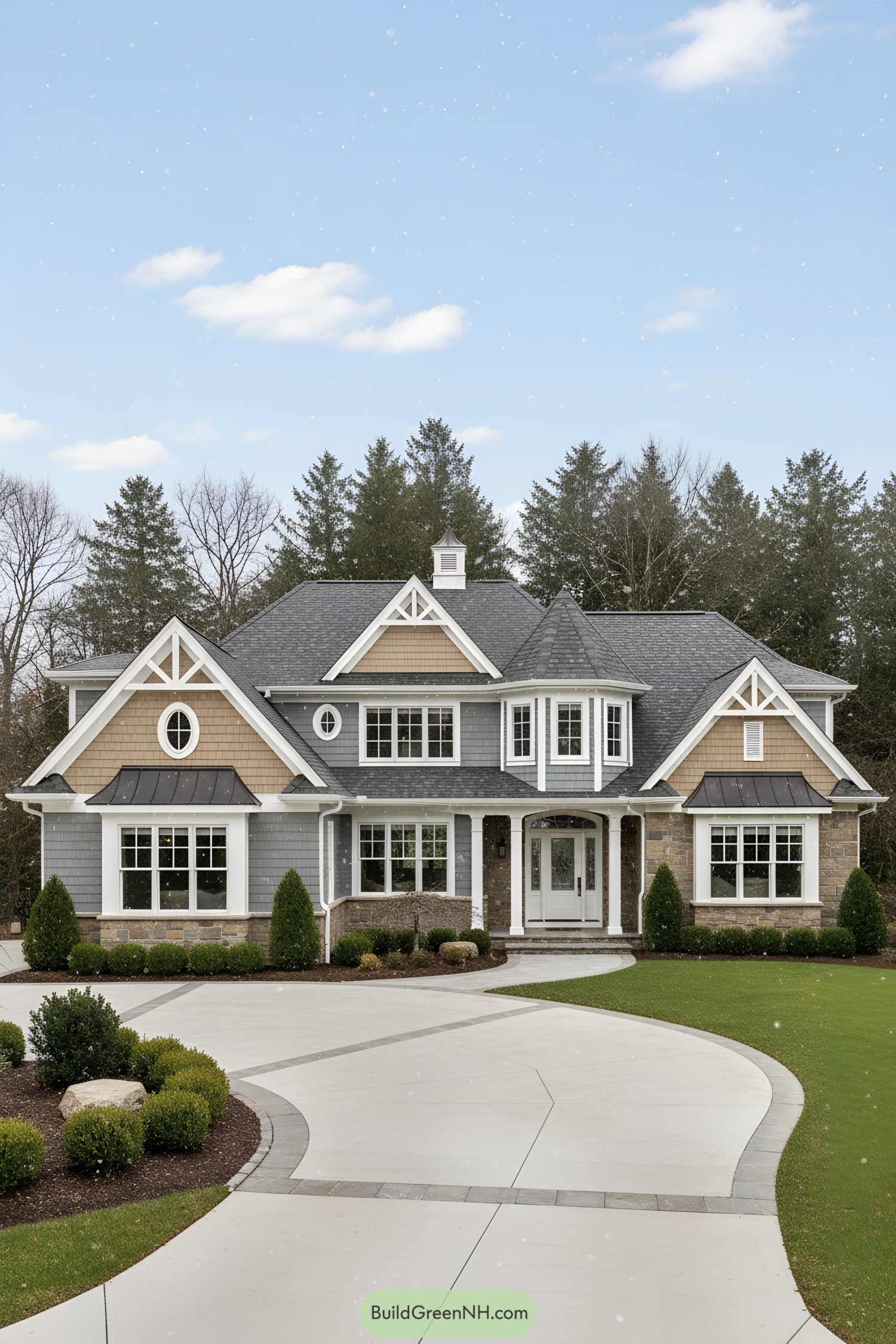 Two-story suburban home with gray shingles, tan shakes, white trim, and a curved driveway