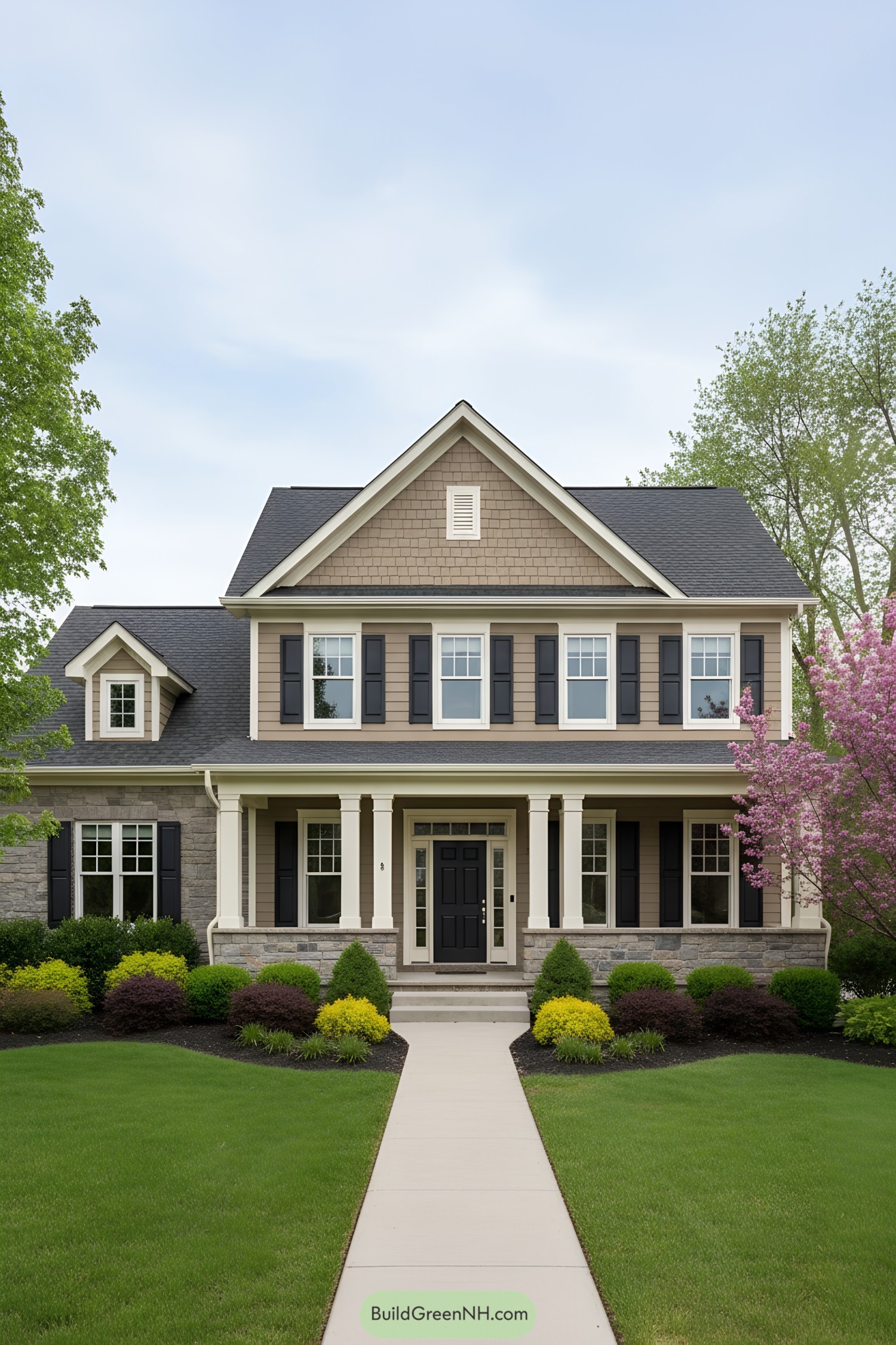 Two-story suburban home with gabled roof, covered front porch, black shutters, and stone base