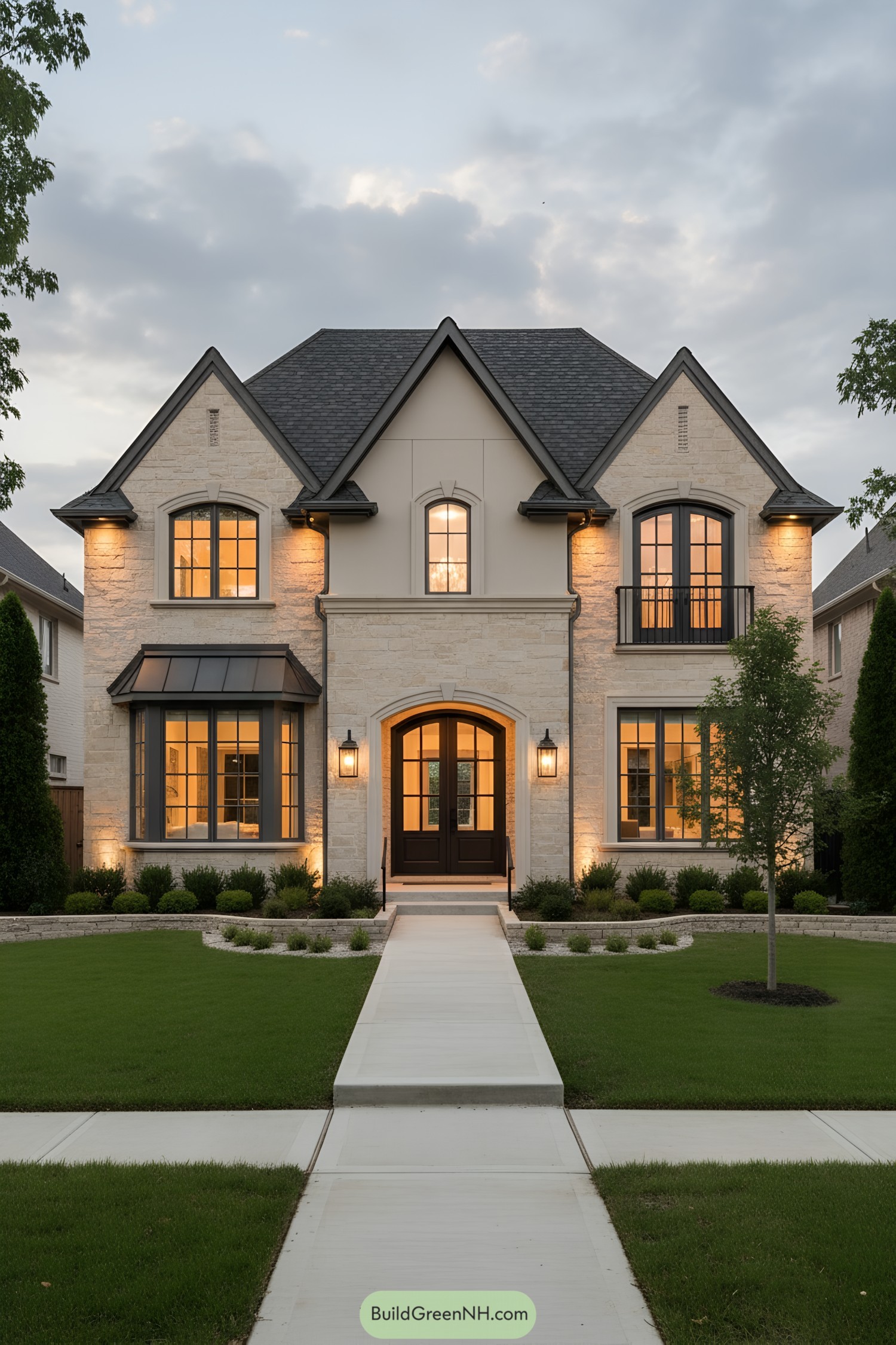 Two-story stone house with trio of steep gables and warm evening lights