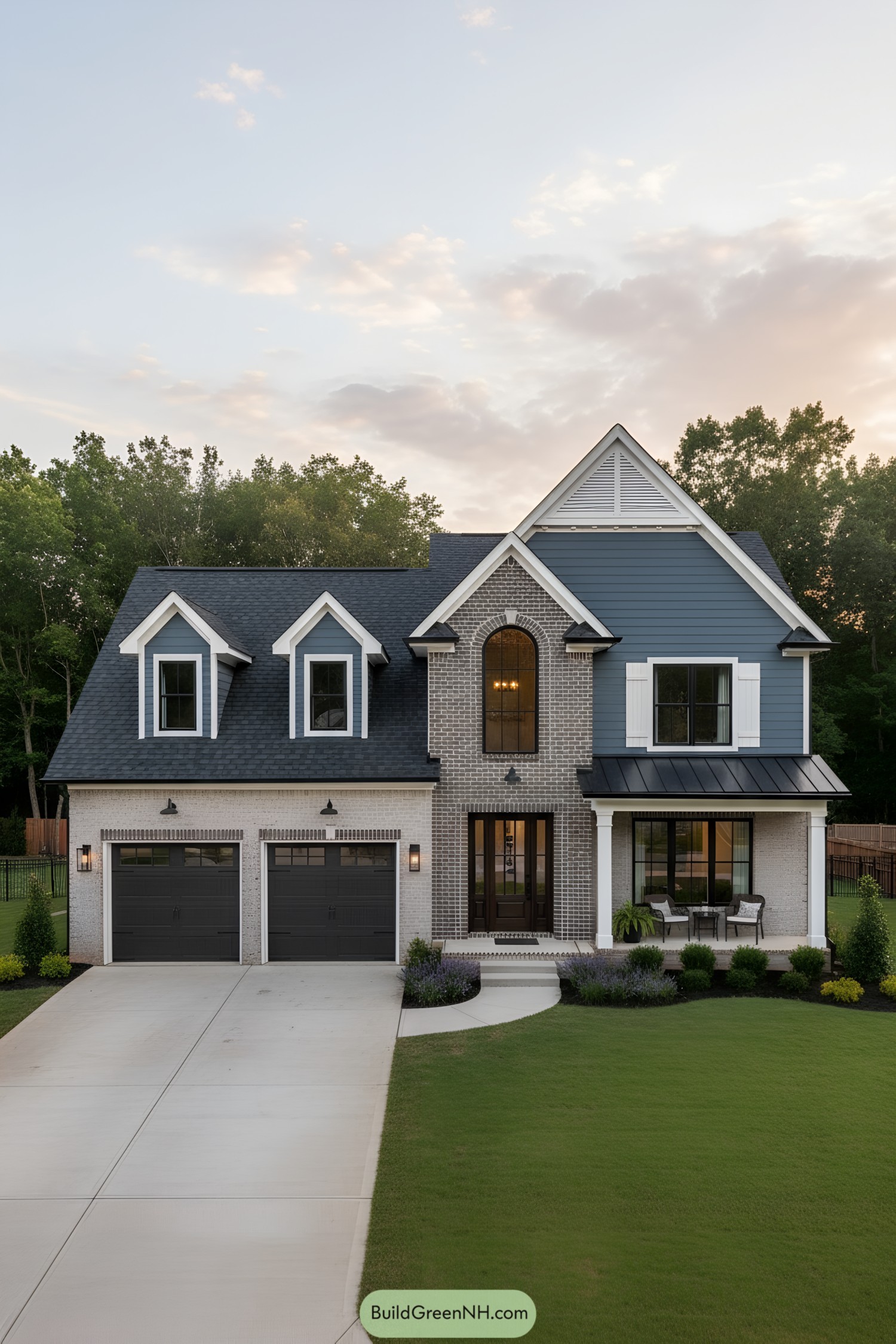 Two-story suburban house with gables, brick and blue siding, and a welcoming front porch