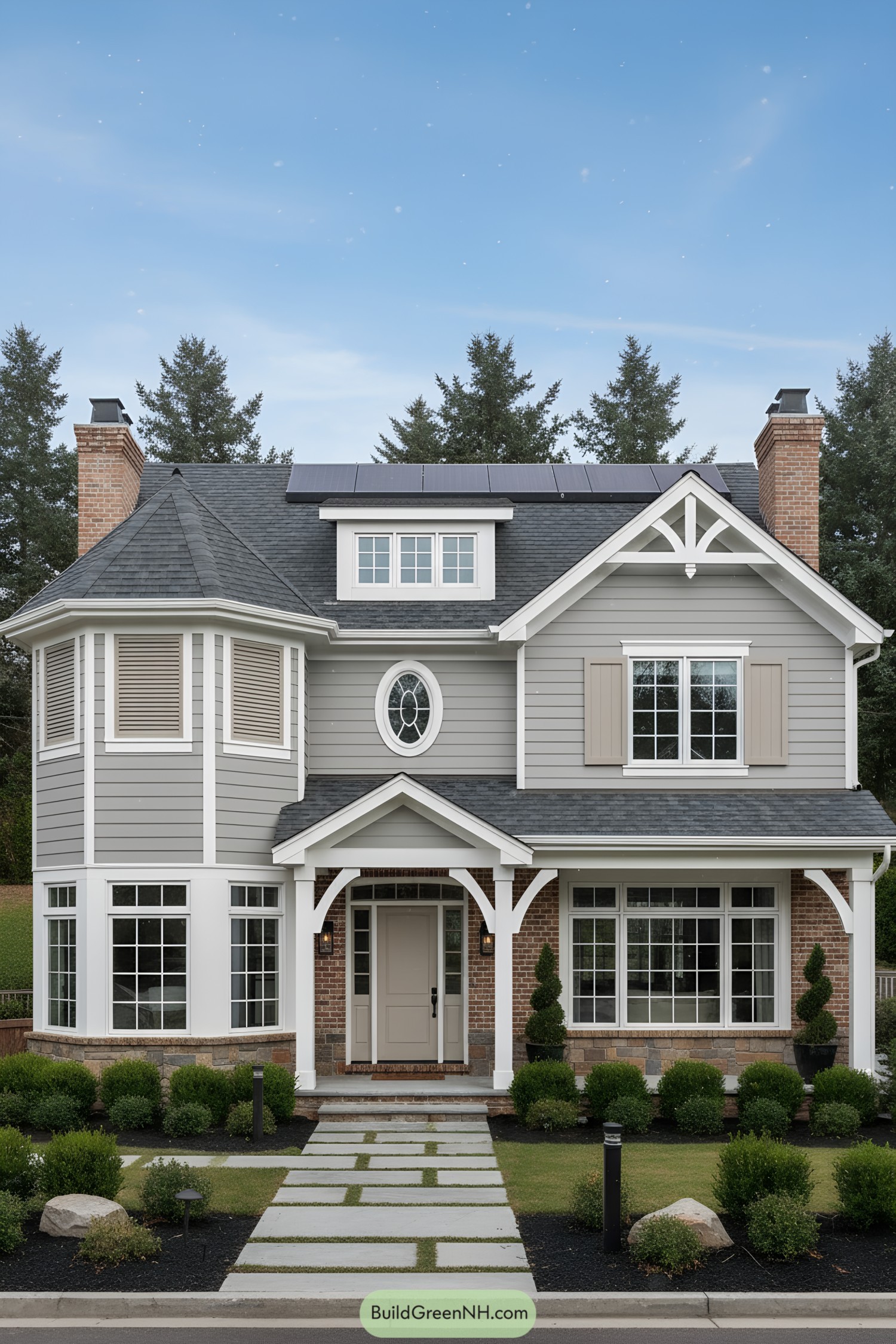 Two story suburban house with gray siding gables turrets and solar panels