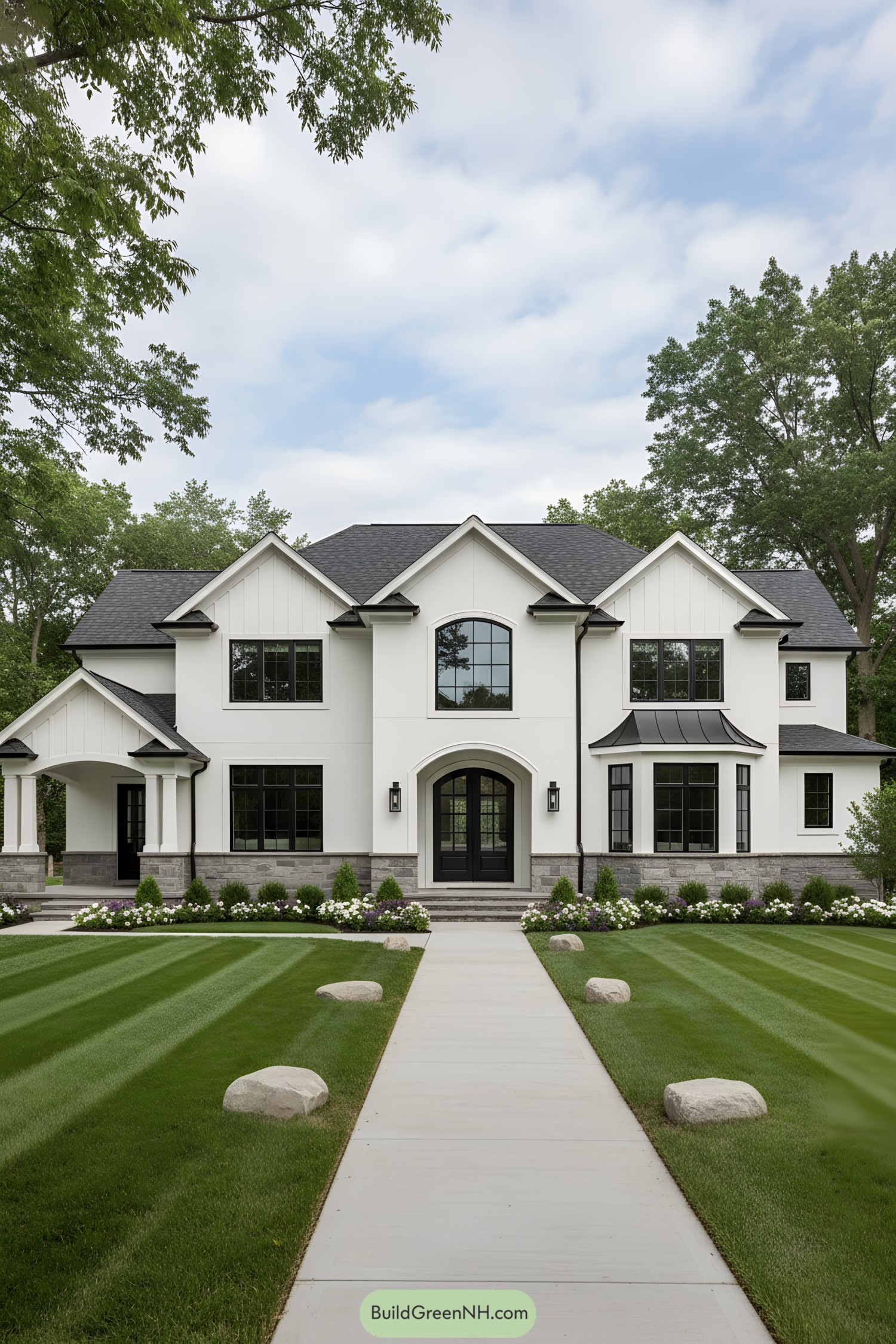 Two-story white house with black windows, arched door, and gabled roof