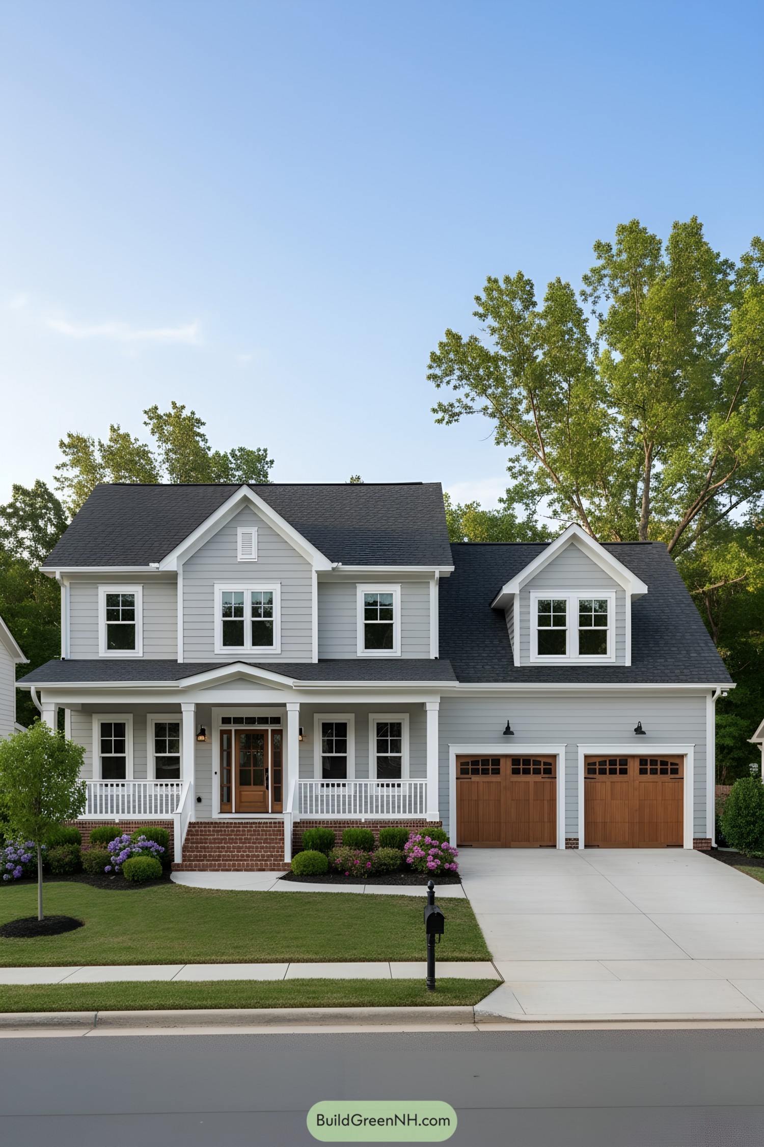 Two-story gray house with porch and twin gables