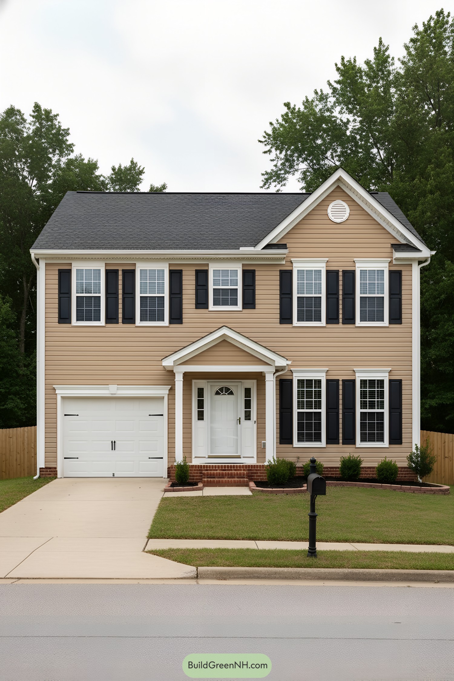 Two story tan house with black shutters and a small gabled porch