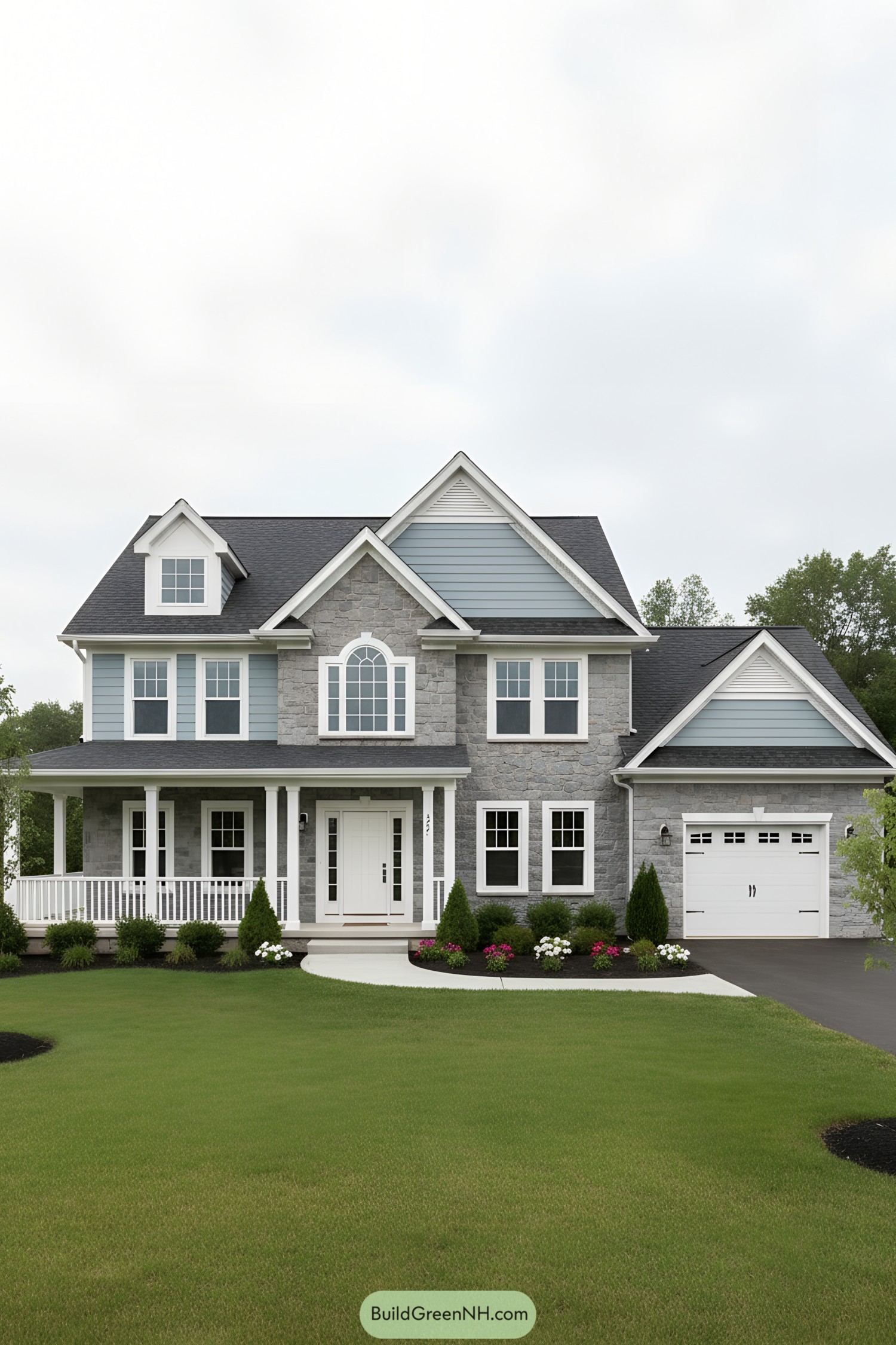 Two-story suburban home with gray stone, blue siding, white trim, and covered porch