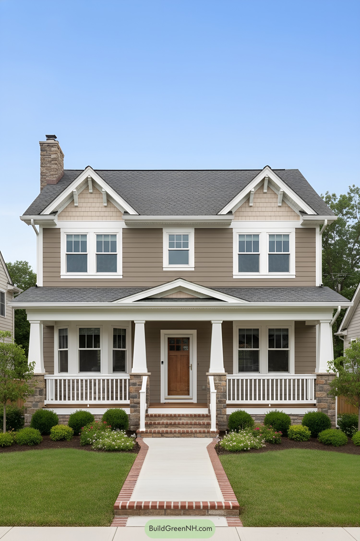Two-story craftsman-style house with gabled roof, front porch, and stone-accented columns