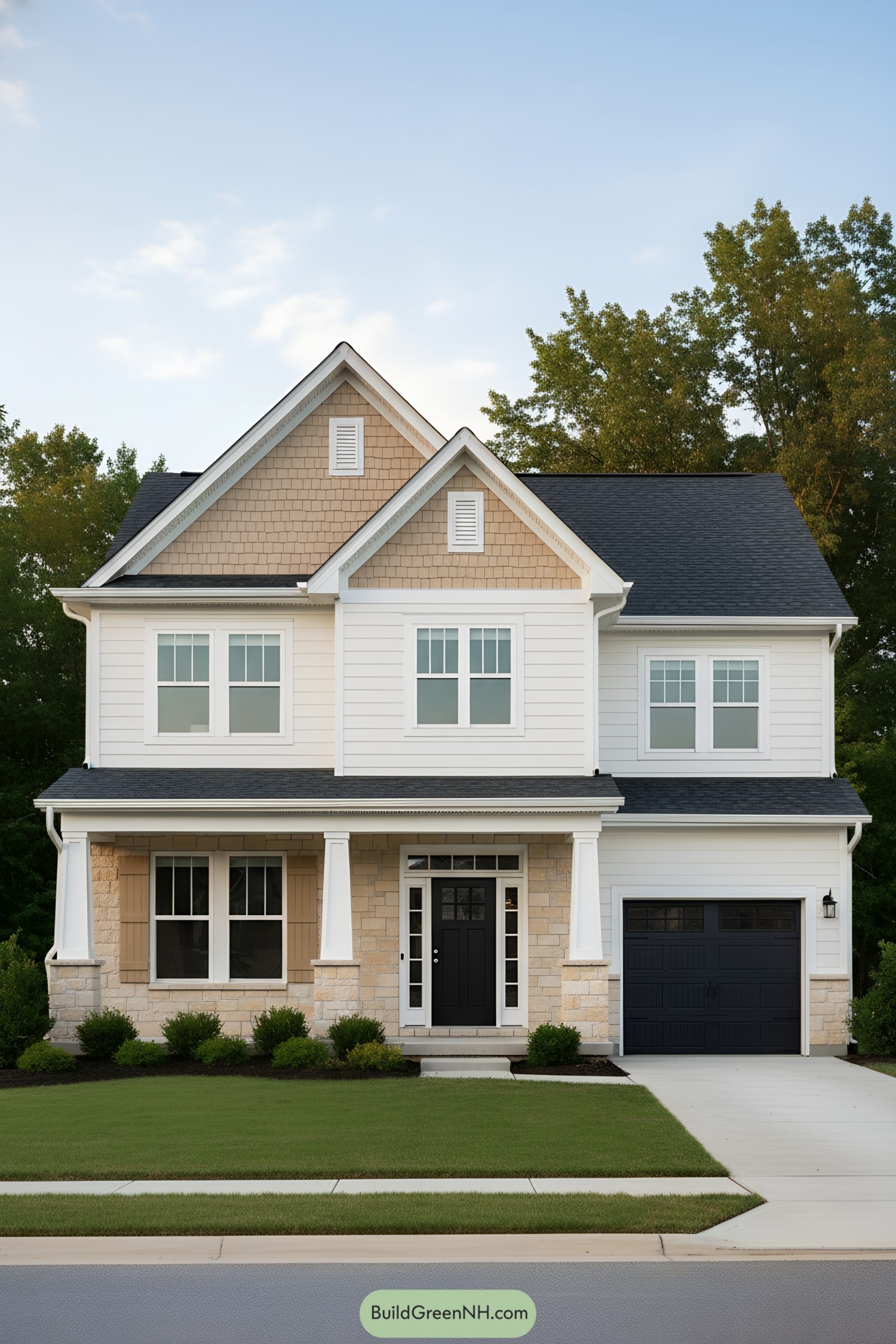 Two-story suburban house with twin gables, stone porch, and black door