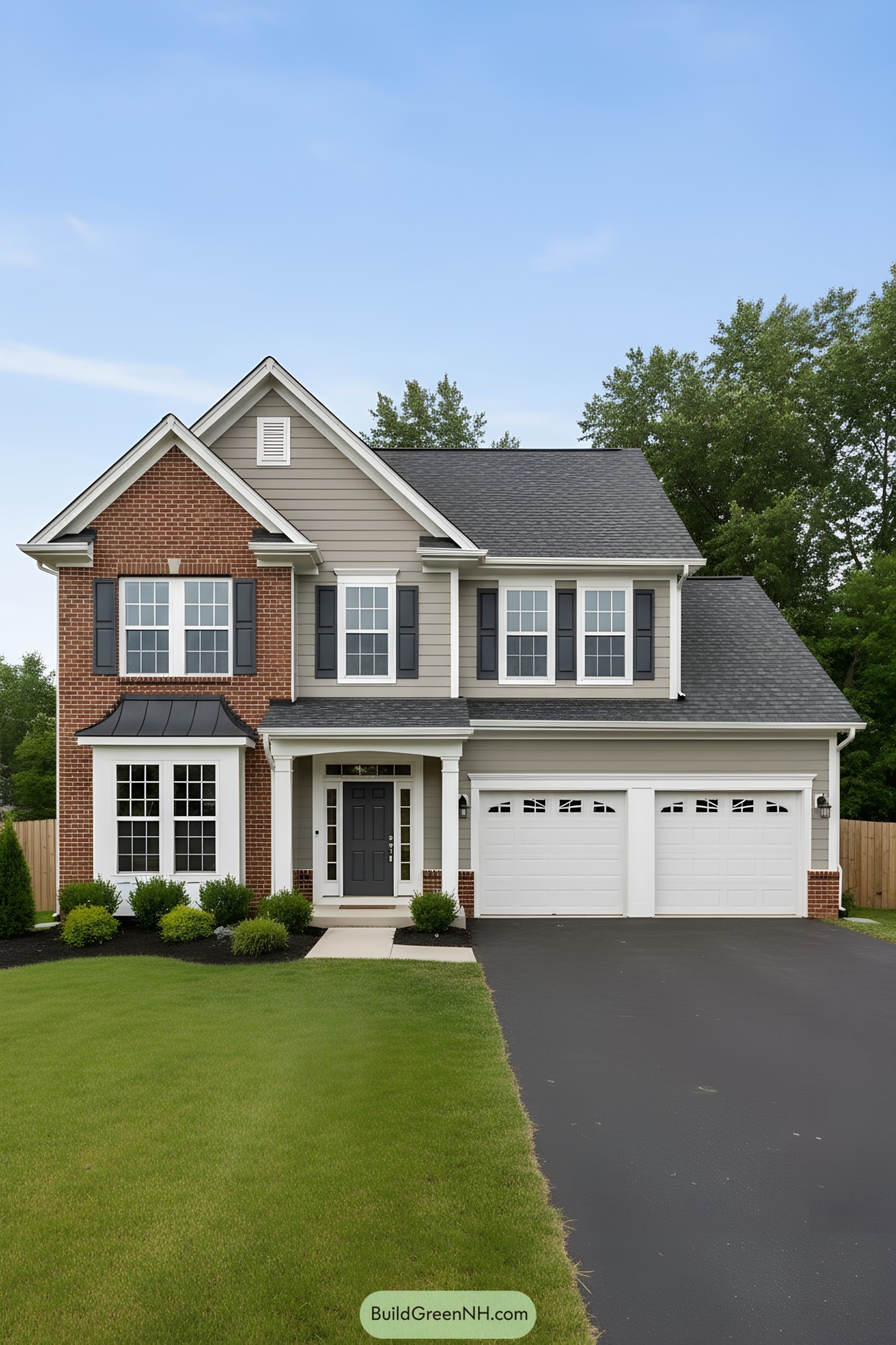 Two-story suburban house with brick and siding, gabled roof, and double garage