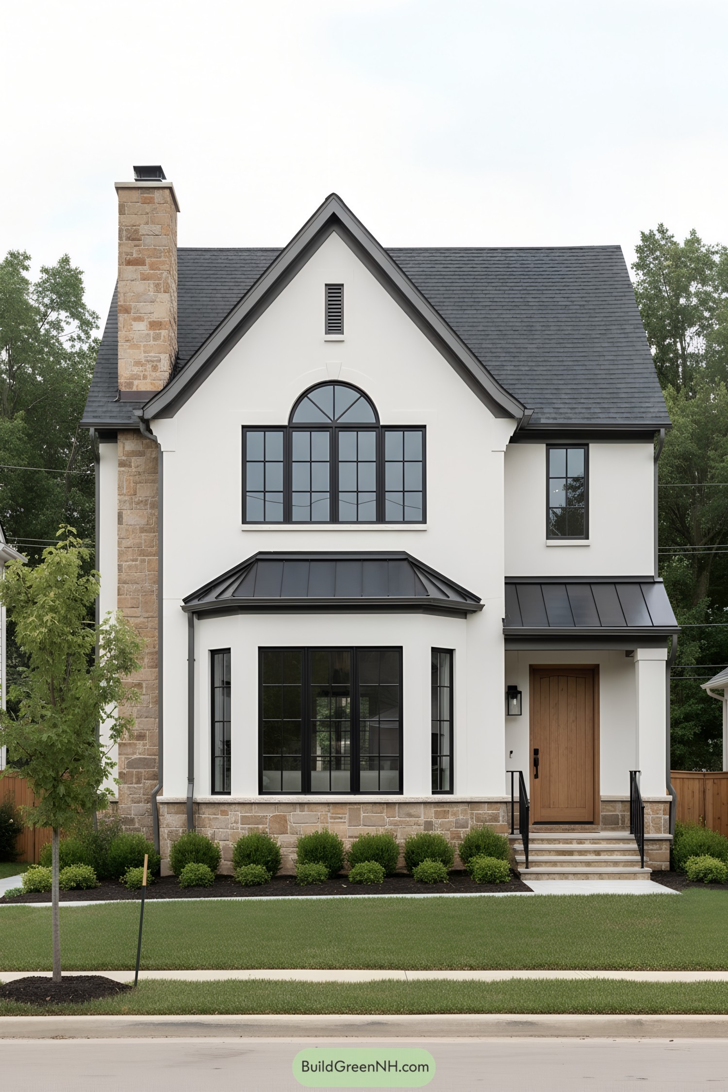 Two-story white house with black metal roof accents, tall arched window, and stone chimney