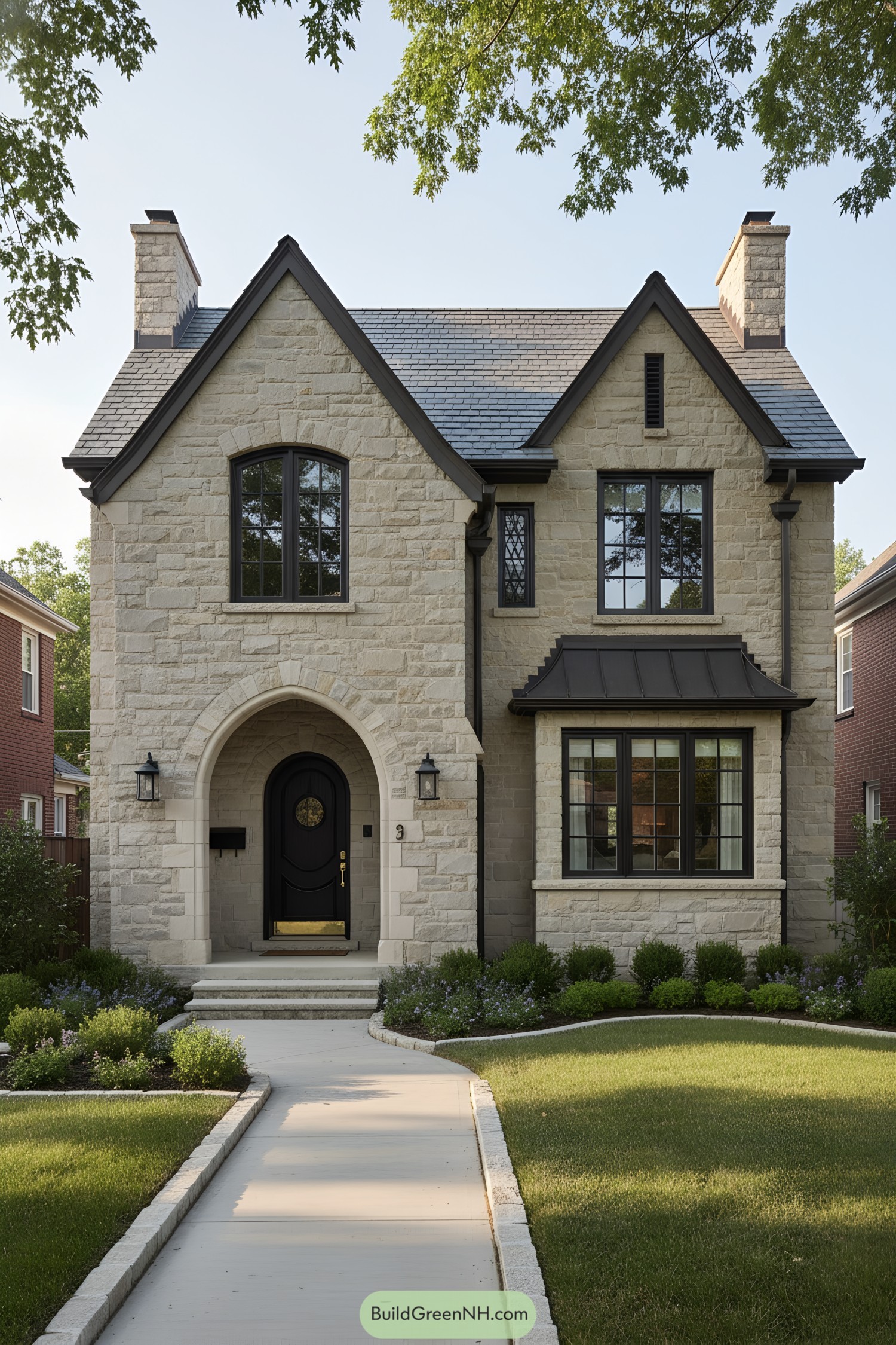 Two-story stone house with arched entry and black-trim windows