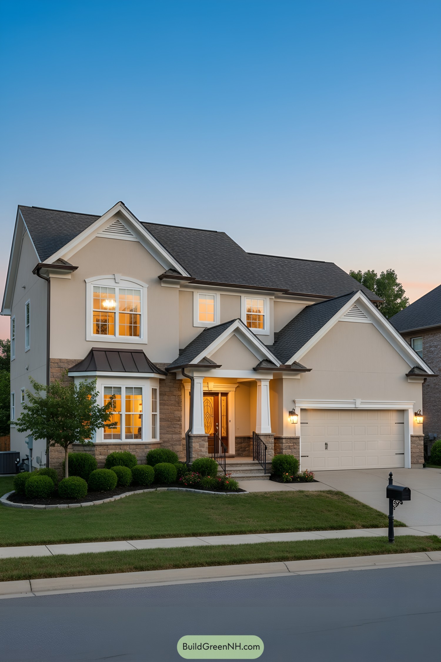 Two-story suburban home with stucco, stone, and gables at dusk