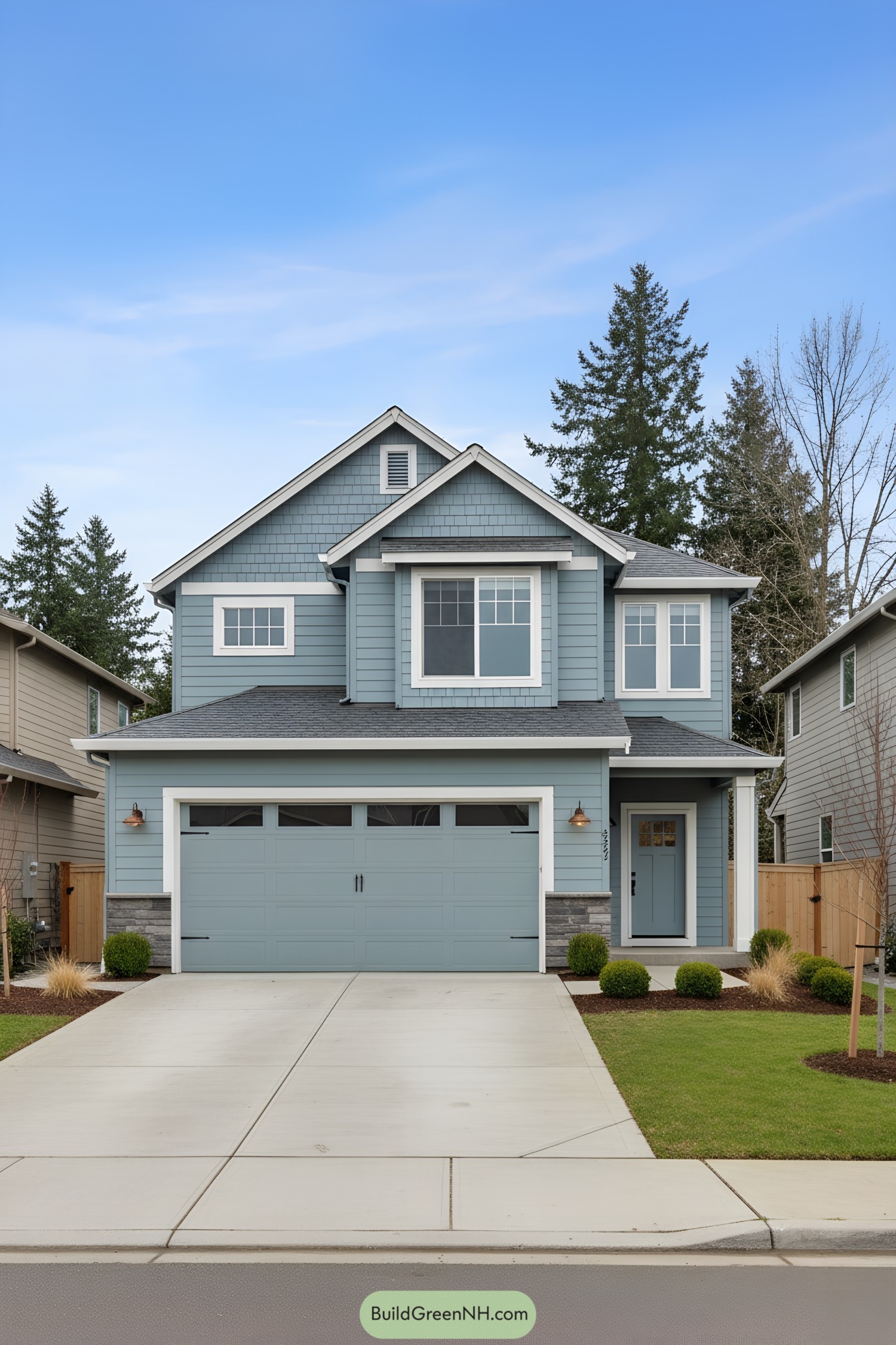 Two-story blue suburban house with gables